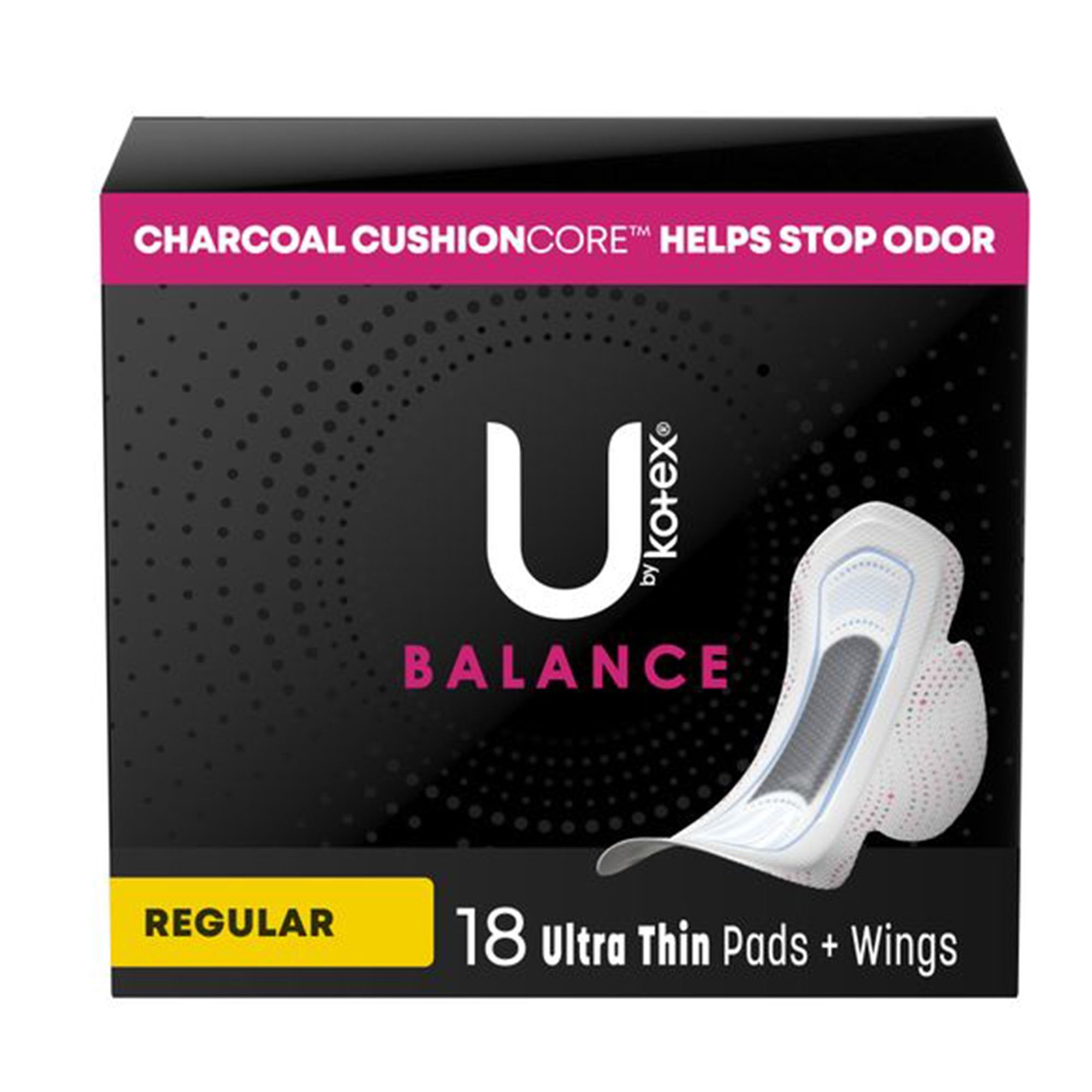 U by Kotex® Balance Ultra Thin Charcoal Pads with Wings, Regular (18 Units)