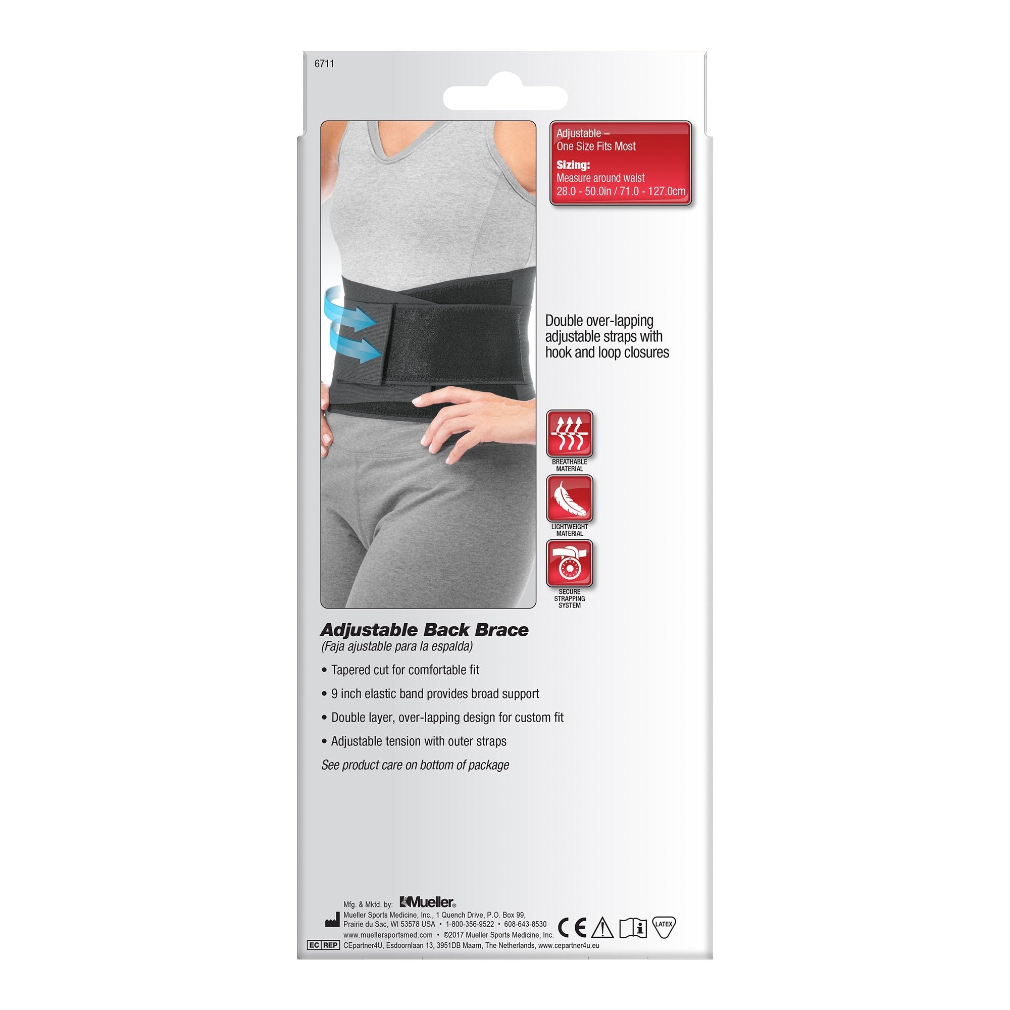 Back Brace Mueller® One Size Fits Most Hook and Loop Strap Closure 28 to 50 Inch Waist Circumference Adult (1 Unit)