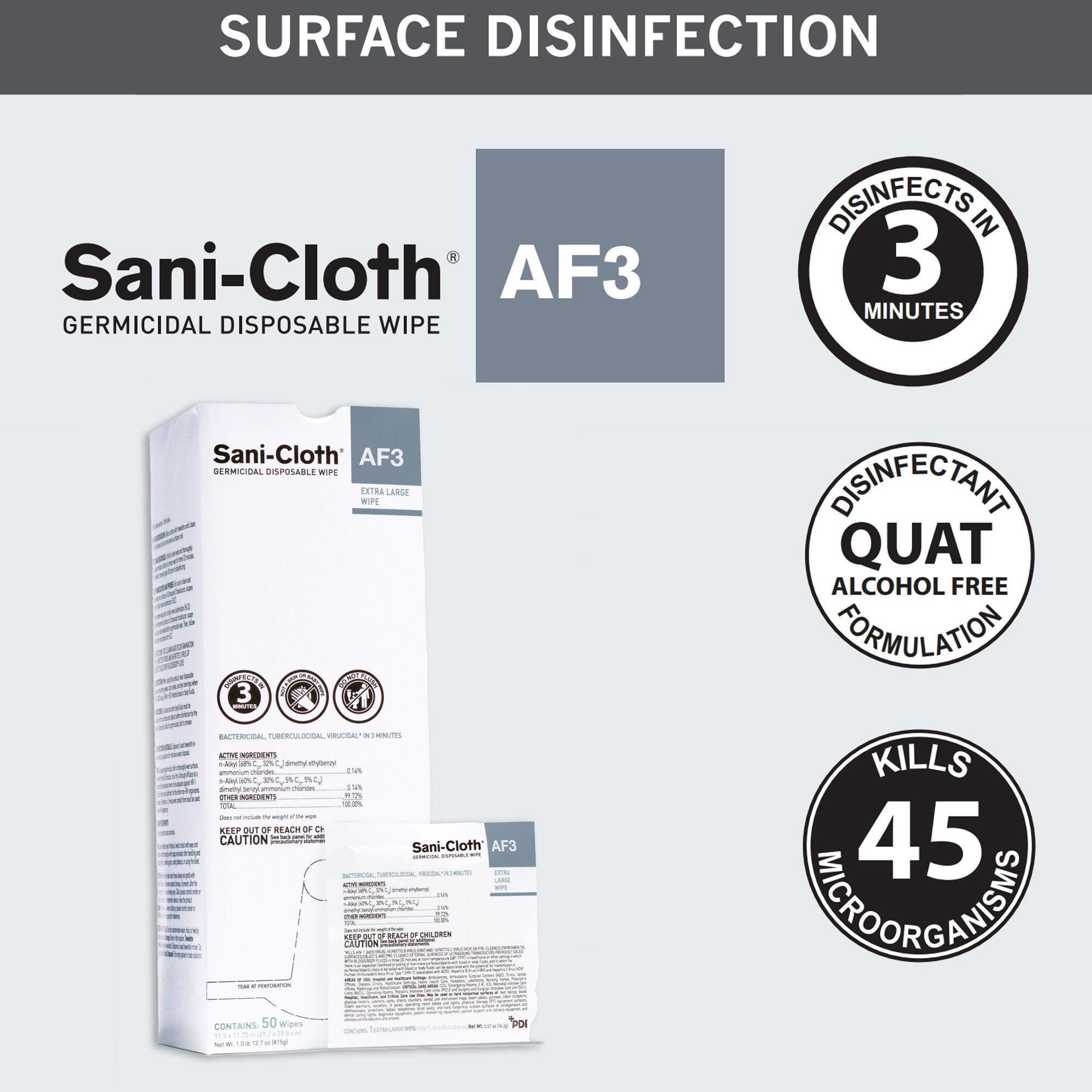 Sani-Cloth® AF3 Surface Disinfectant Cleaner Wipes, X-Large Individual Packet (50 Units)