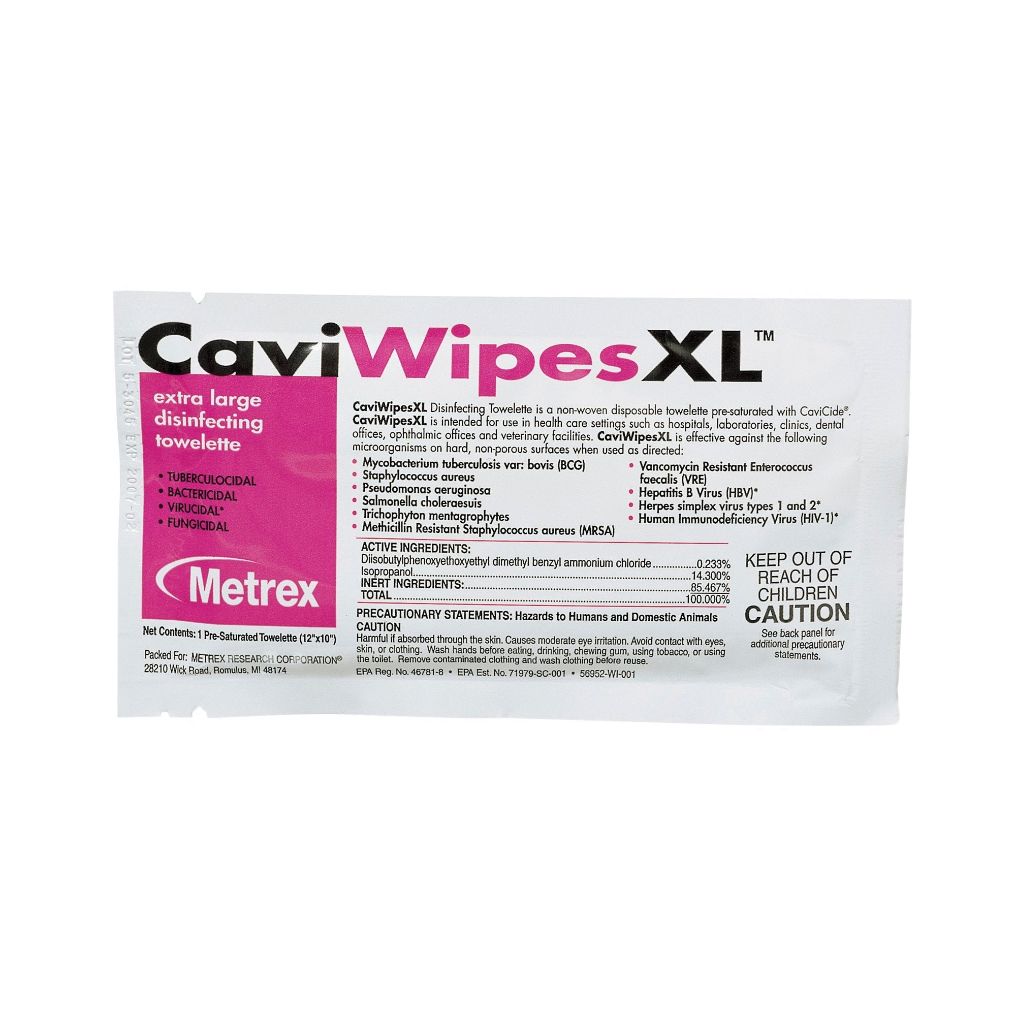 Metrex CaviWipes Surface Disinfectant Alcohol-Based Wipes, Non-Sterile, Disposable, Alcohol Scent, Individual Packet, 10 X 12 Inch (50 Units)