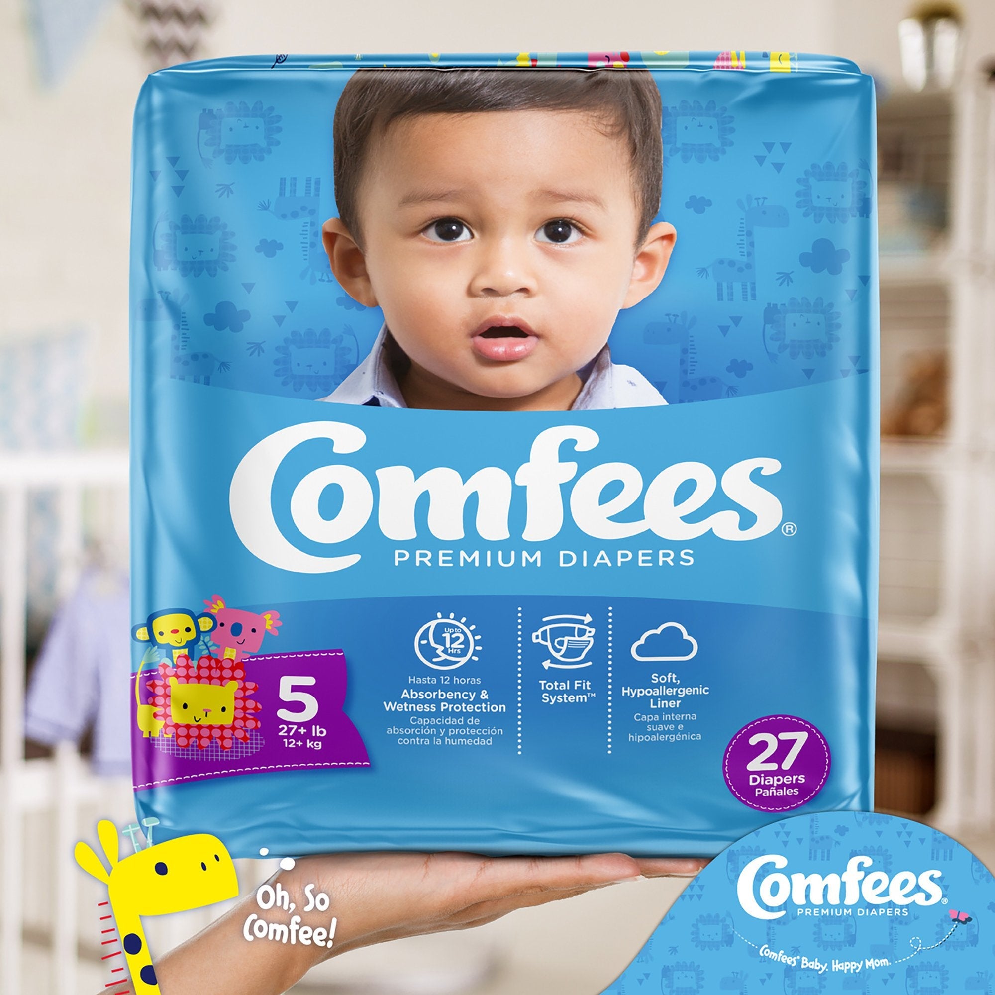 Attends Comfees Premium Baby Diapers, Unisex, Tab Closure, Size 5 (27 Units)