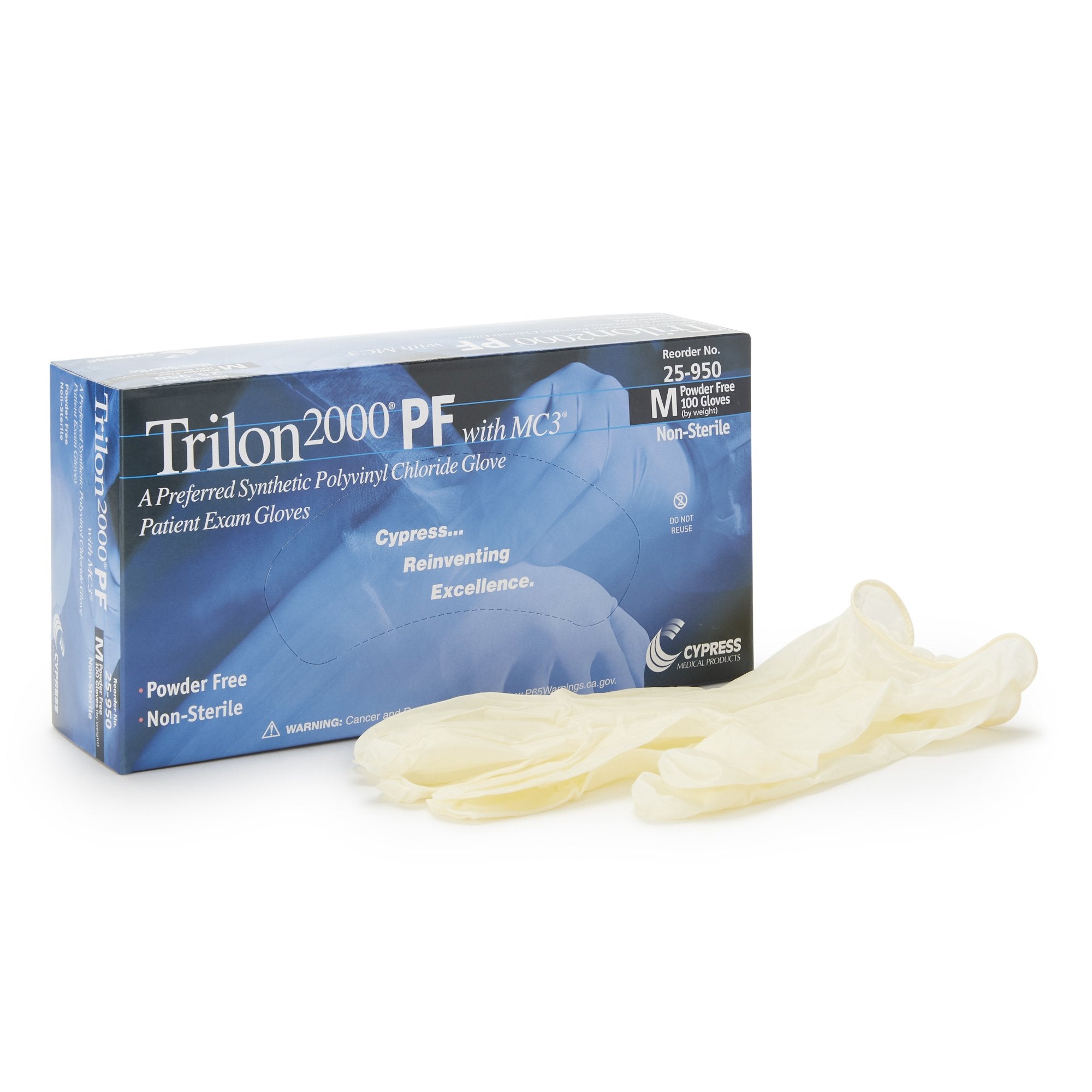 Trilon 2000® PF with MC3® Stretch Vinyl Standard Cuff Length Exam Glove, Medium, Ivory (1000 Units)