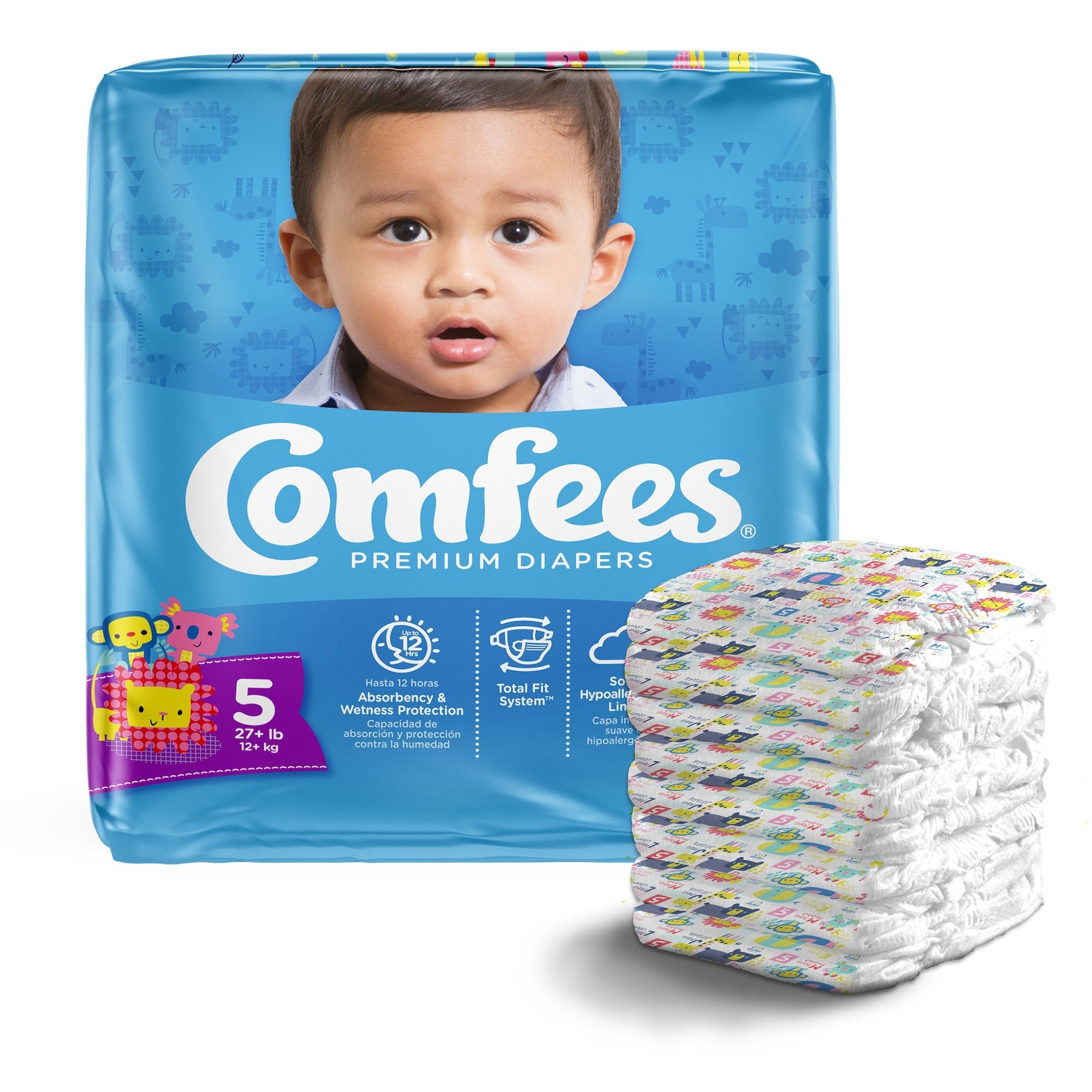 Comfees Premium Diapers, Unisex, Baby, Tab Closure, Size 5, Kid Design (27 Units)