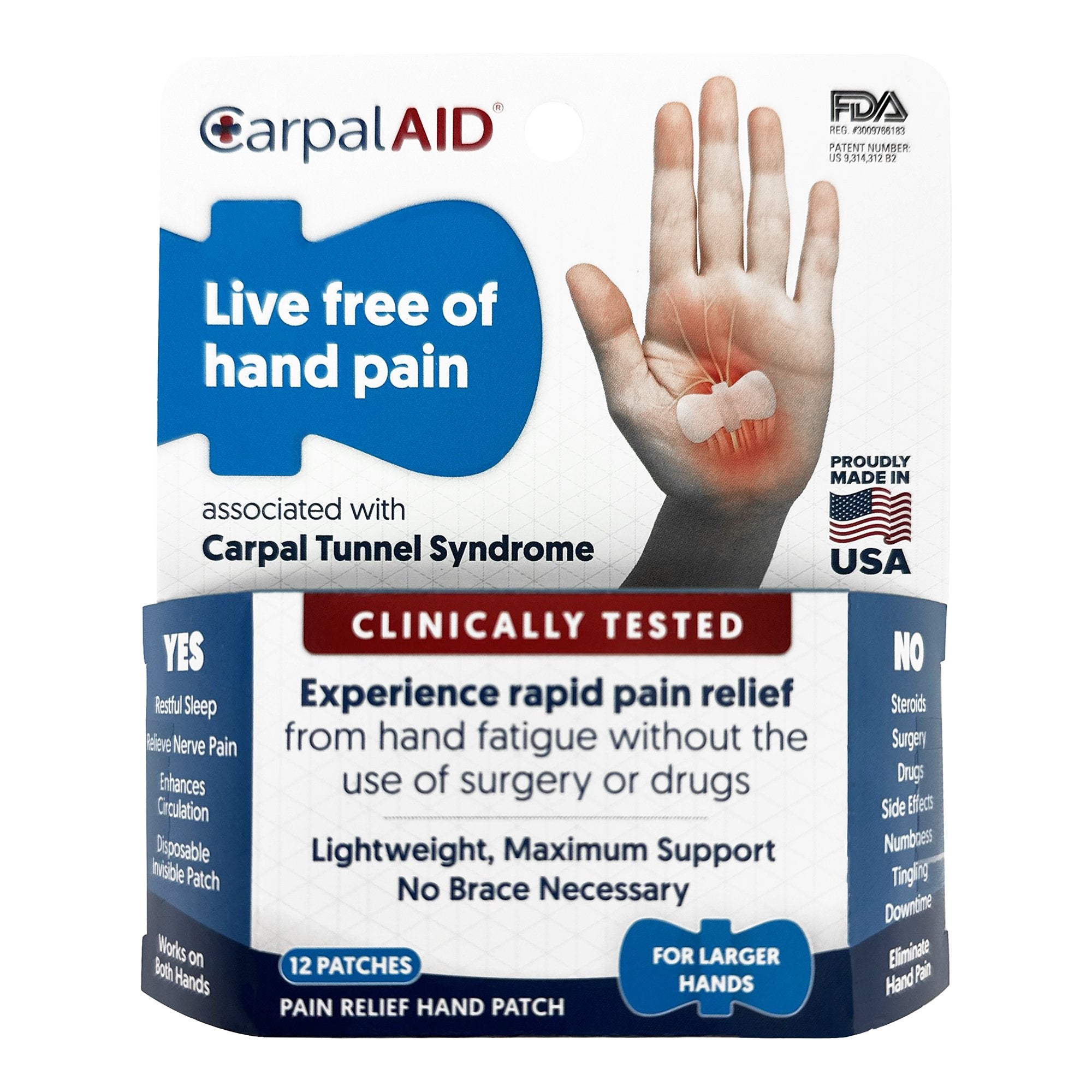 CarpalAid® Patch Hand-Based Carpal Tunnel Support, Large (12 Units)