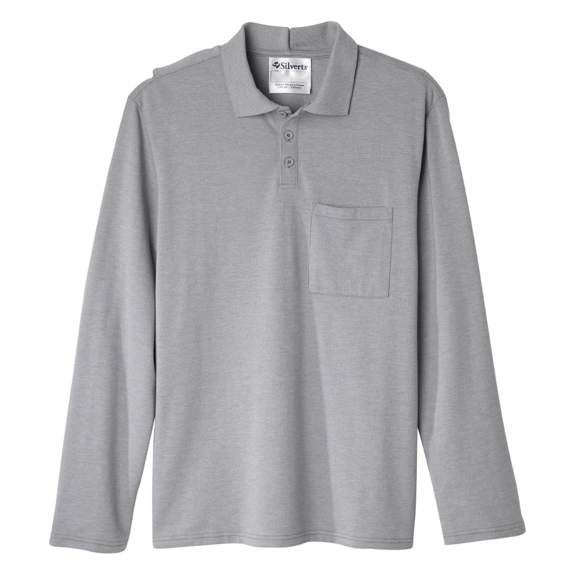 Silverts® Men's Adaptive Open Back Long Sleeve Polo Shirt, Heather Gray, 3X-Large (1 Unit)