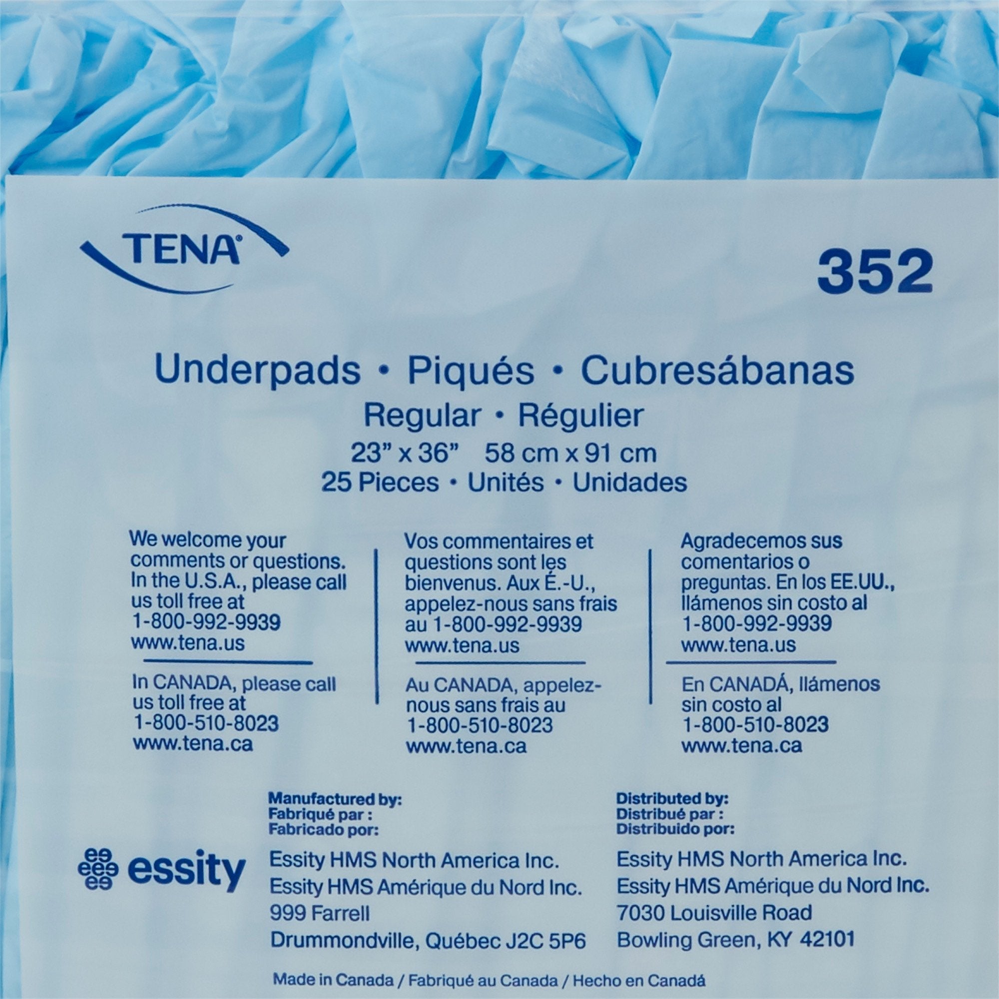 TENA Regular Underpads, Light Absorbency, Blue, Disposable, Latex-Free, 23 X 36 Inch (25 Units)