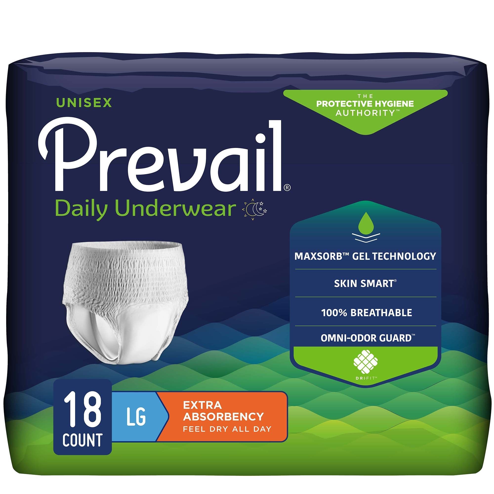 Prevail® Daily Underwear Large - Extra Absorbent, Unisex, 18-Pack