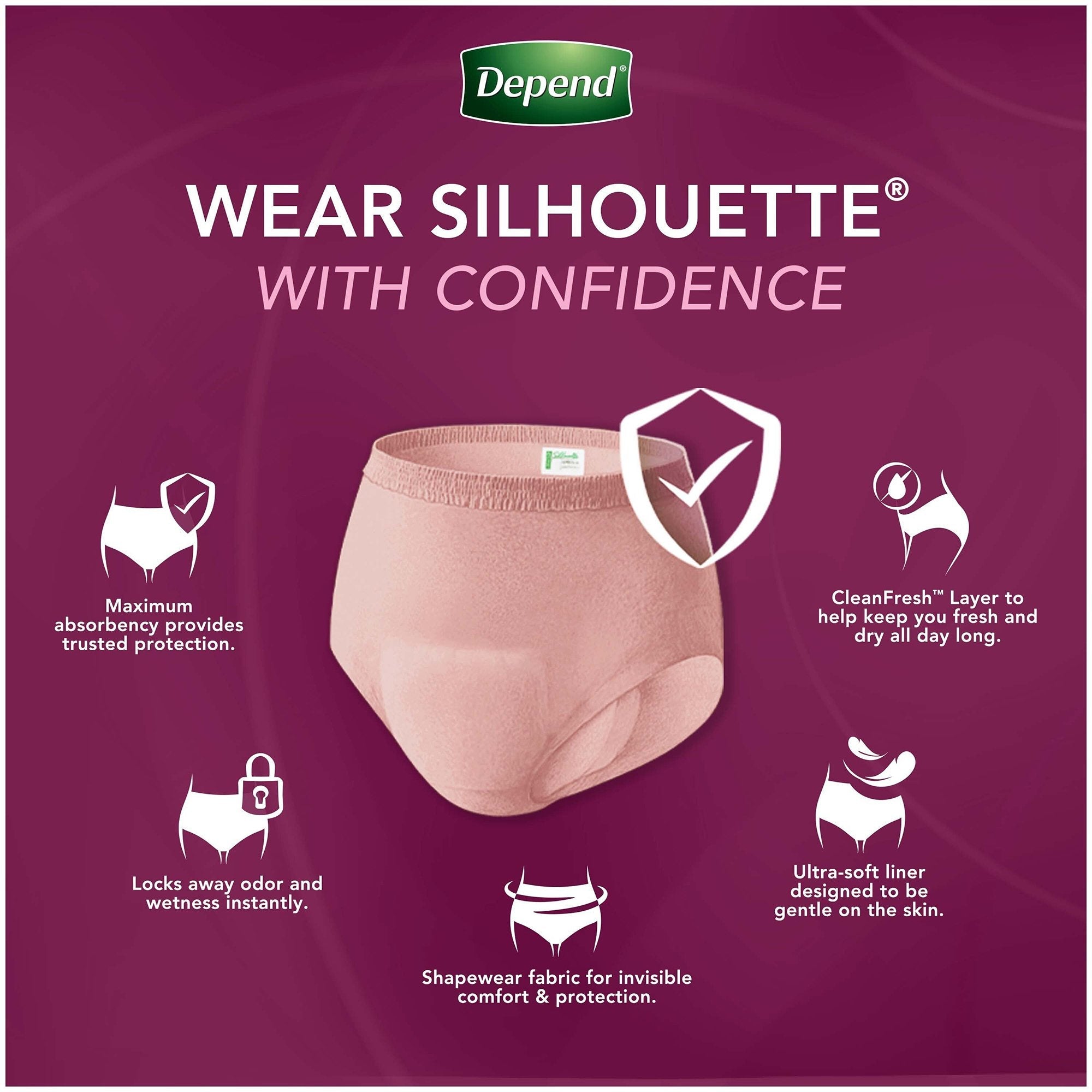 Depend® Silhouette® Classic Women's Underwear, Large, Pink (12 Units)