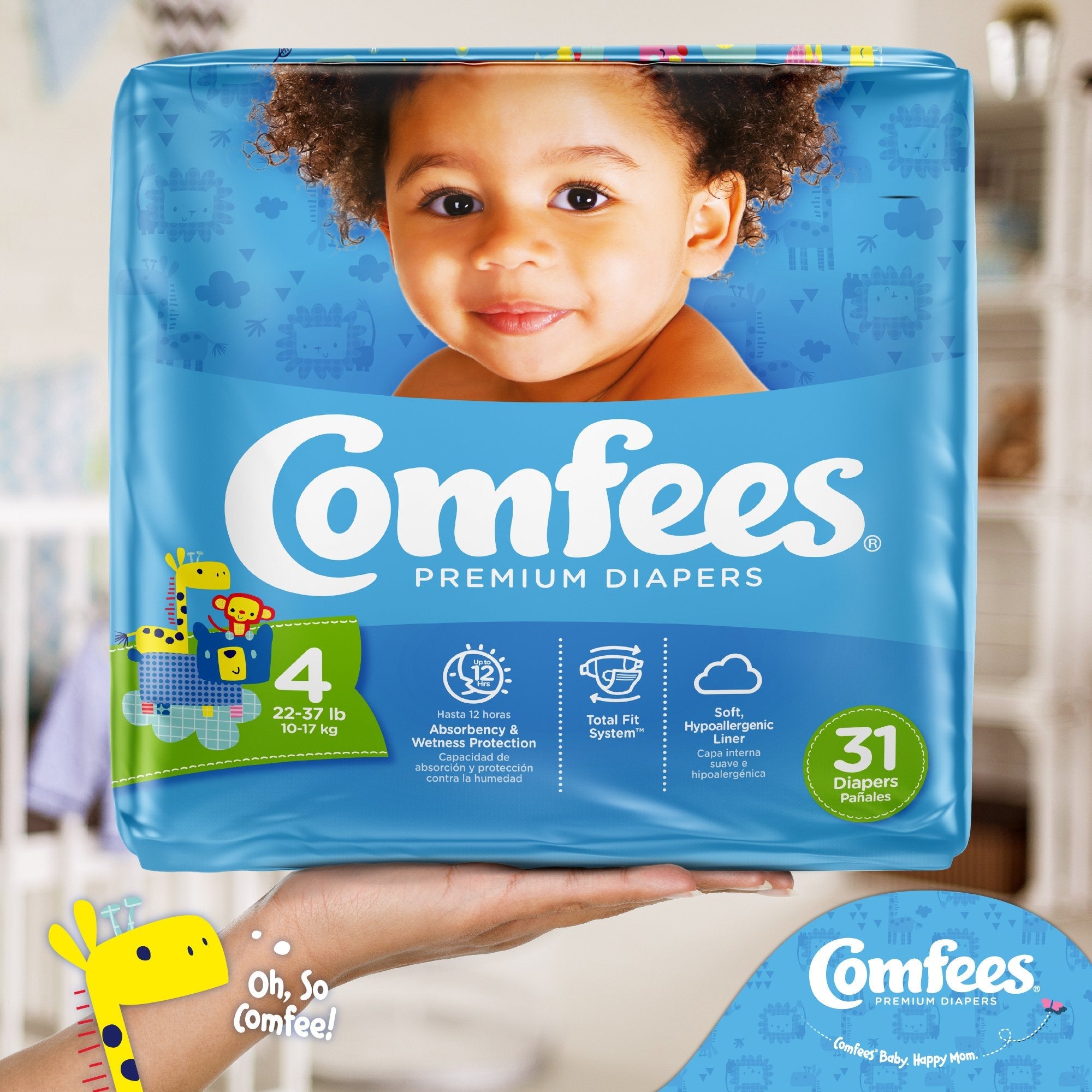 Attends Comfees Premium Baby Diapers, Tab Closure, Kid Design, Size 4 (31 Units)