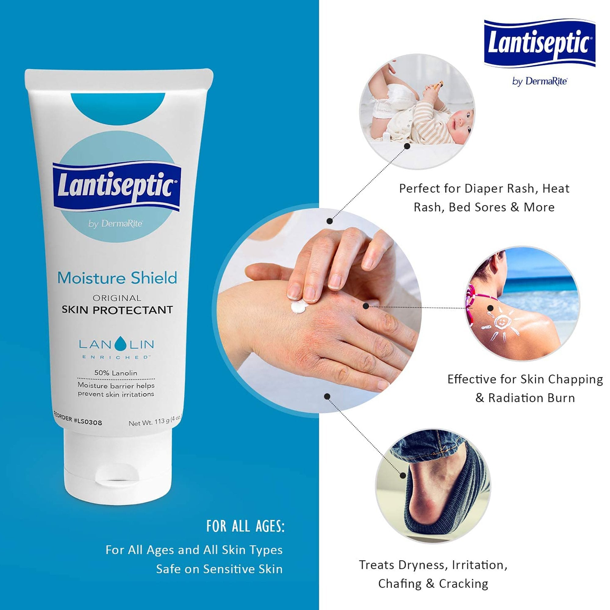 Lantiseptic Skin Protectant, 50% Lanolin, Unscented Ointment, 4 oz Tube (12 Units)