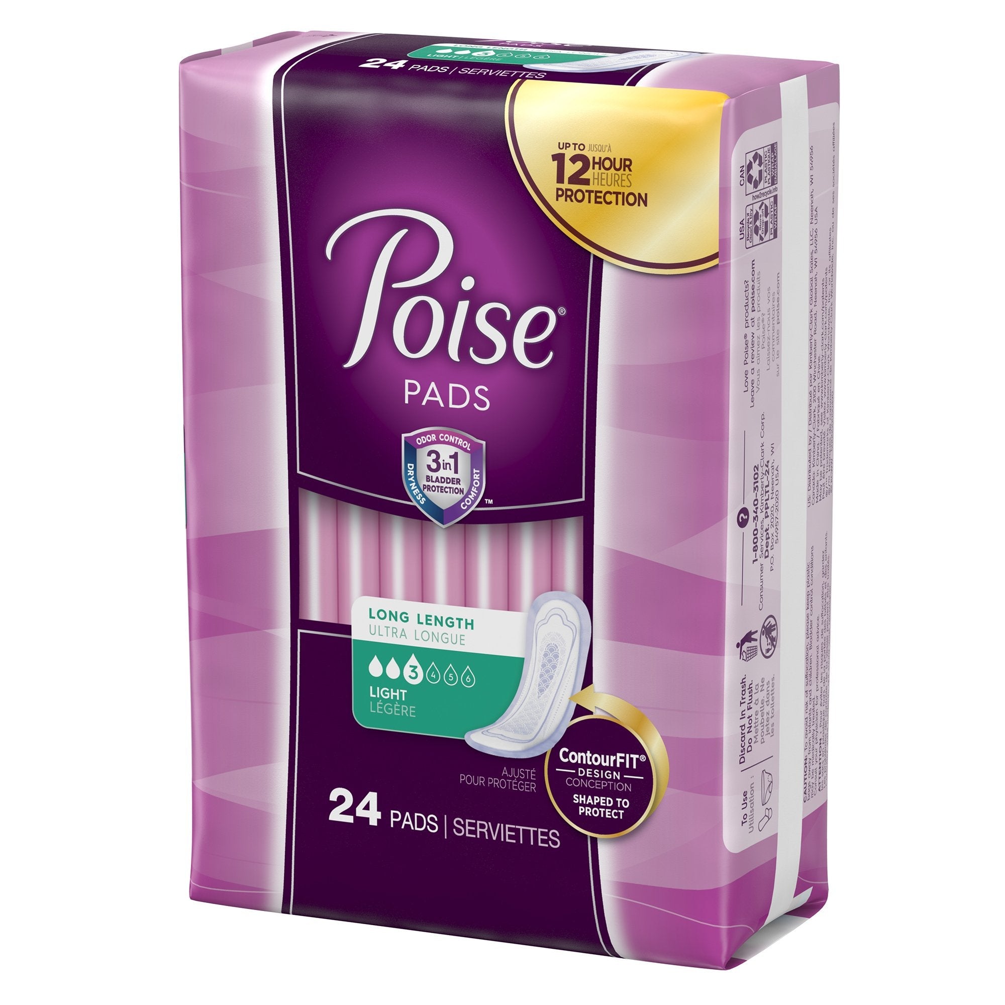 Poise Bladder Control Pad, Long, Light Absorbency, Disposable, Absorb-Loc Core, Female, One Size Fits Most (96 Units)