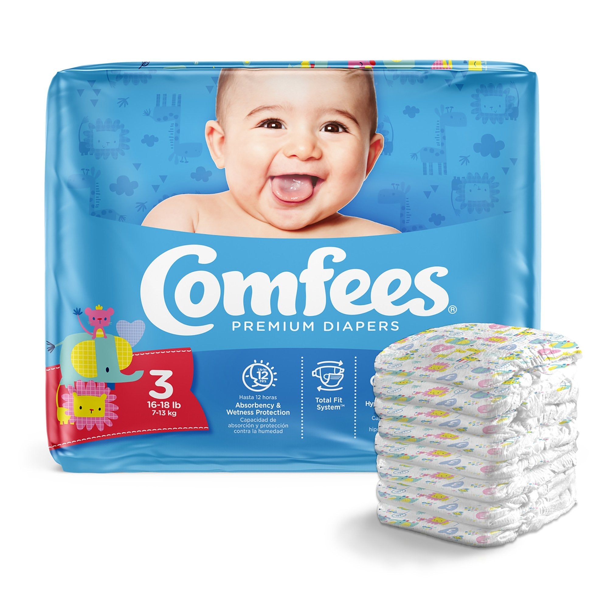 Attends Comfees Premium Diapers, Unisex, Baby, Tab Closure, Size 3 (36 Units)