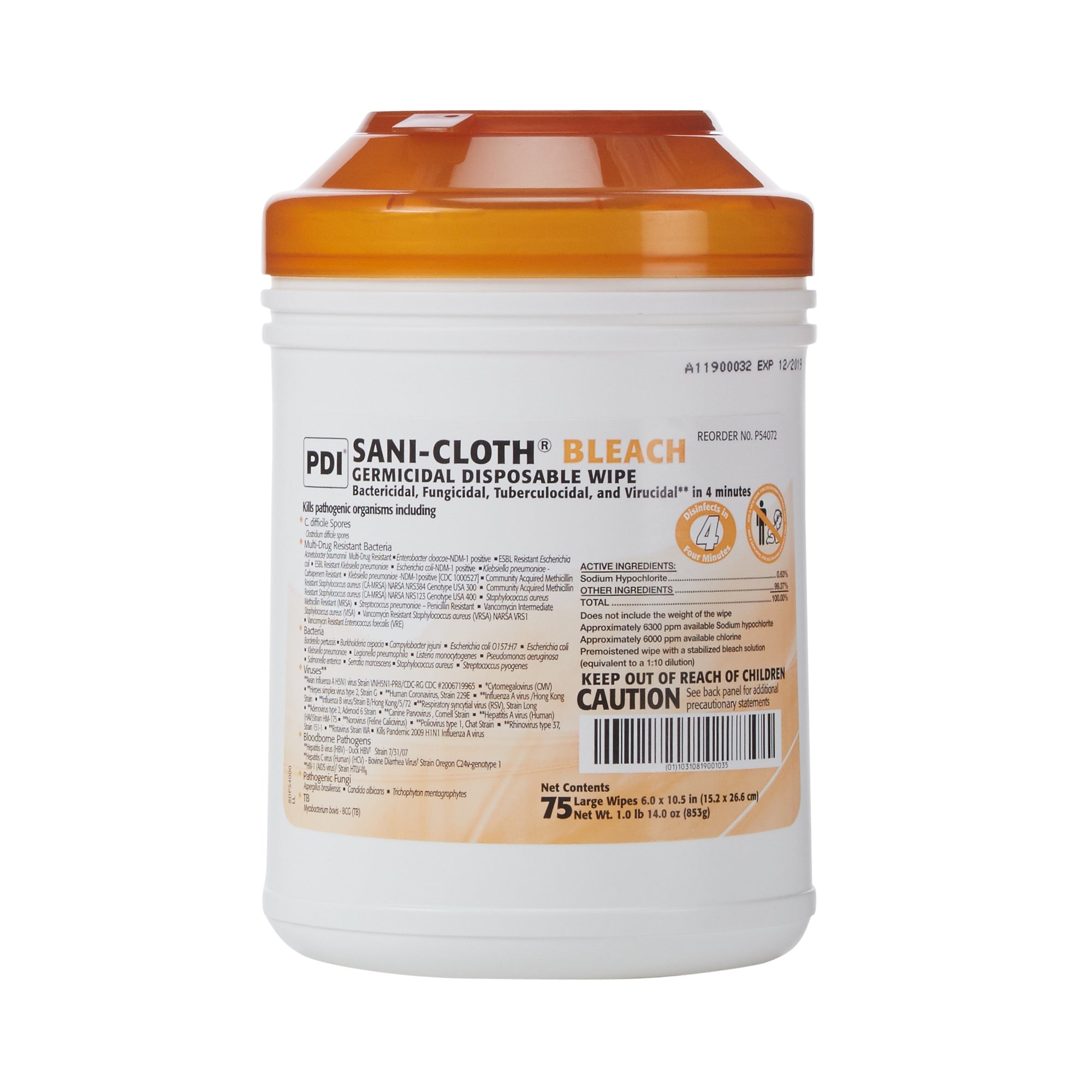 Sani-Cloth® Bleach Disinfectant Wipes - 75 Ct Canister for Surface Cleaning