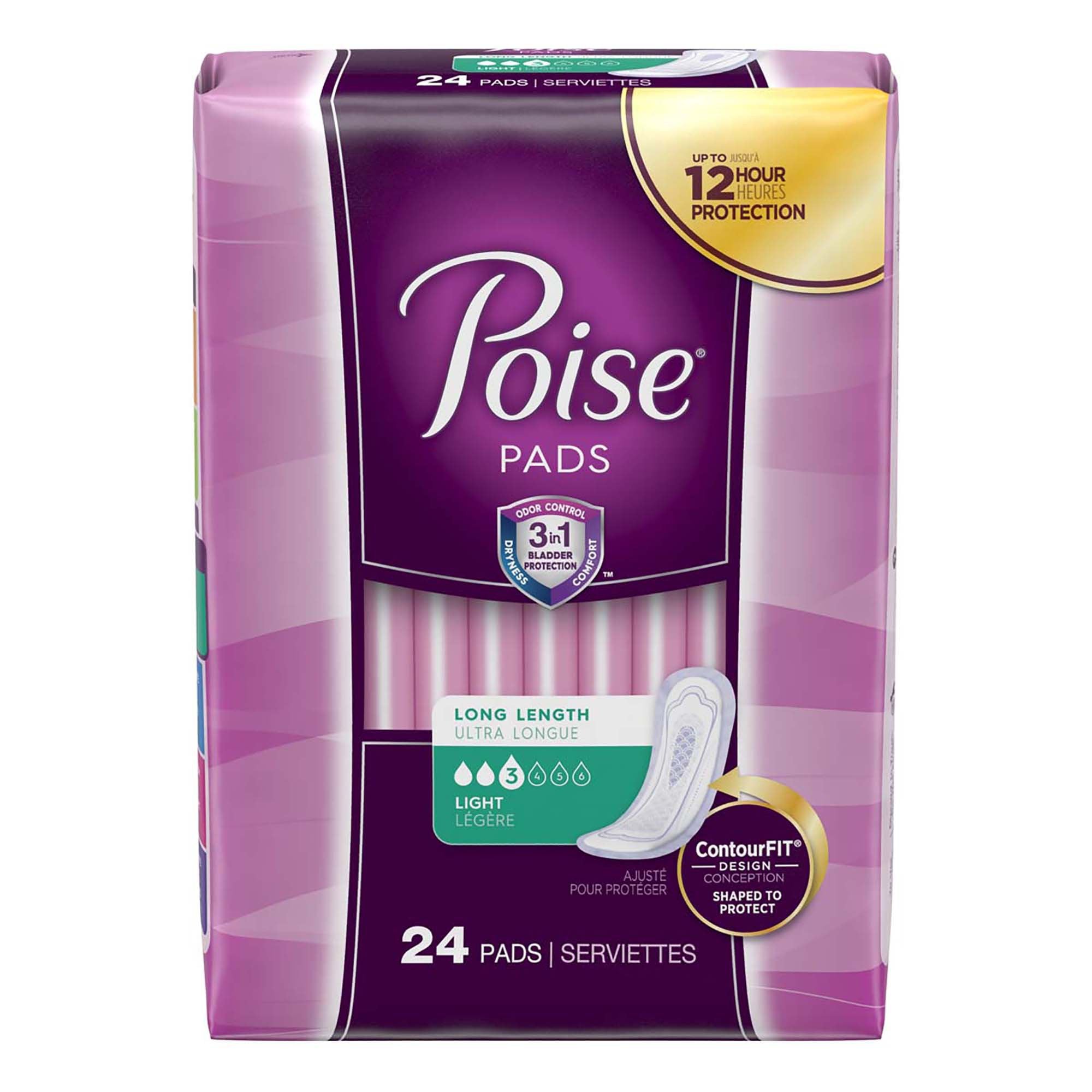 Poise Bladder Control Pad, Long, Light Absorbency, Disposable, Absorb-Loc Core, Female, One Size Fits Most (24 Units)