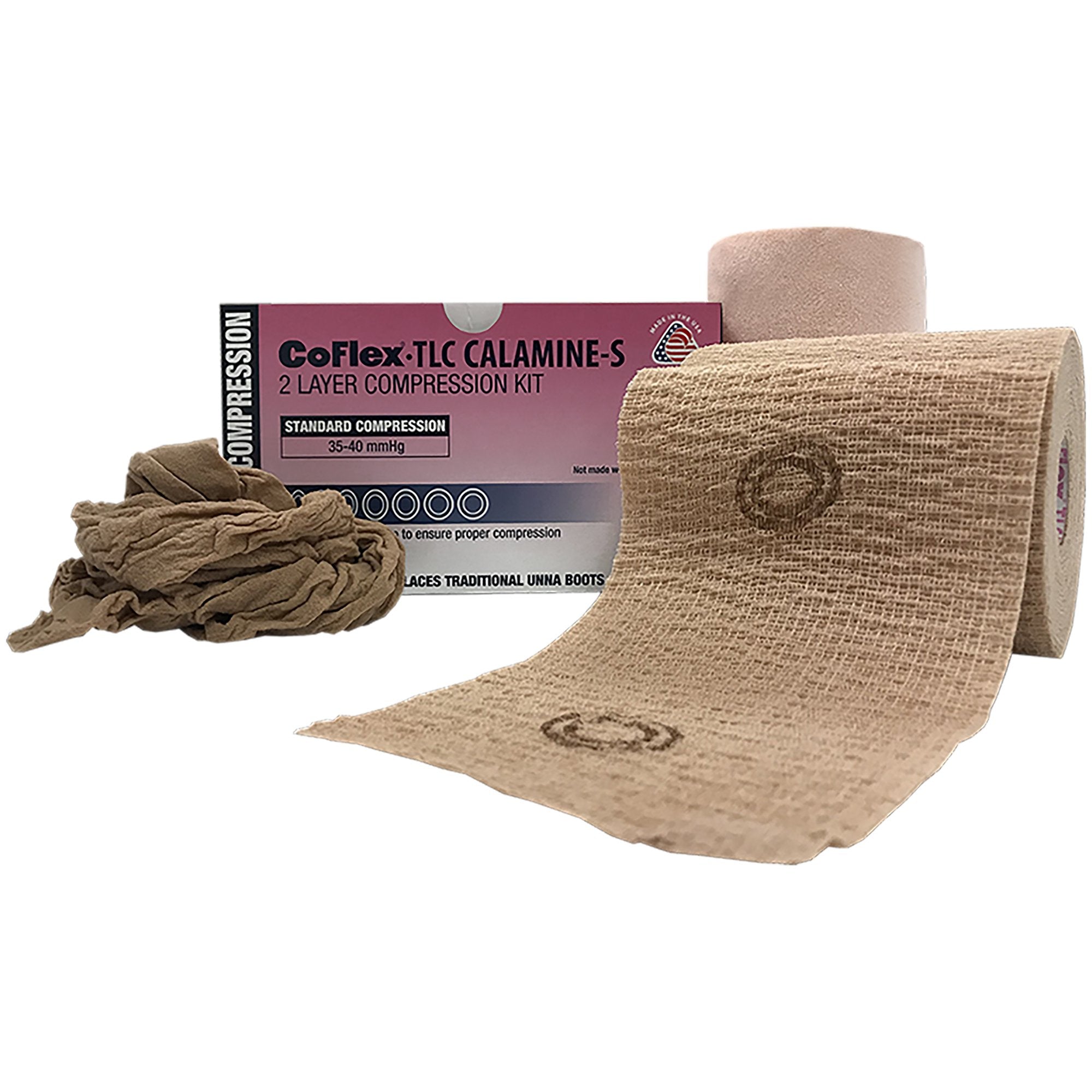 CoFlex® TLC Calamine with Indicators Self-adherent / Pull On Closure 2 Layer Compression Bandage System, 4 Inch x 6 Yard / 4 Inch x 7 Yard (2 Units)