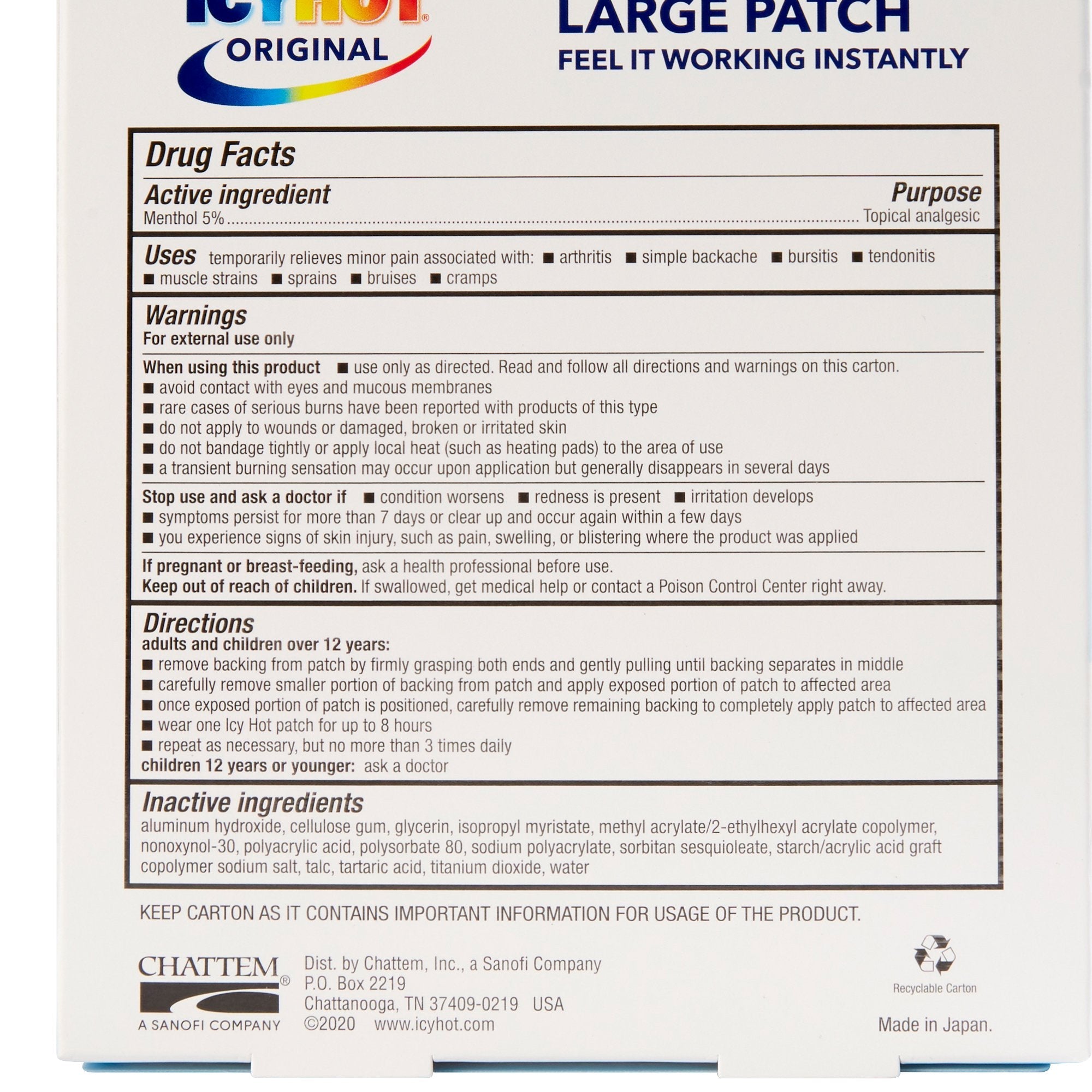 Icy Hot® Original Pain Relief Patches, Large (1 Unit)