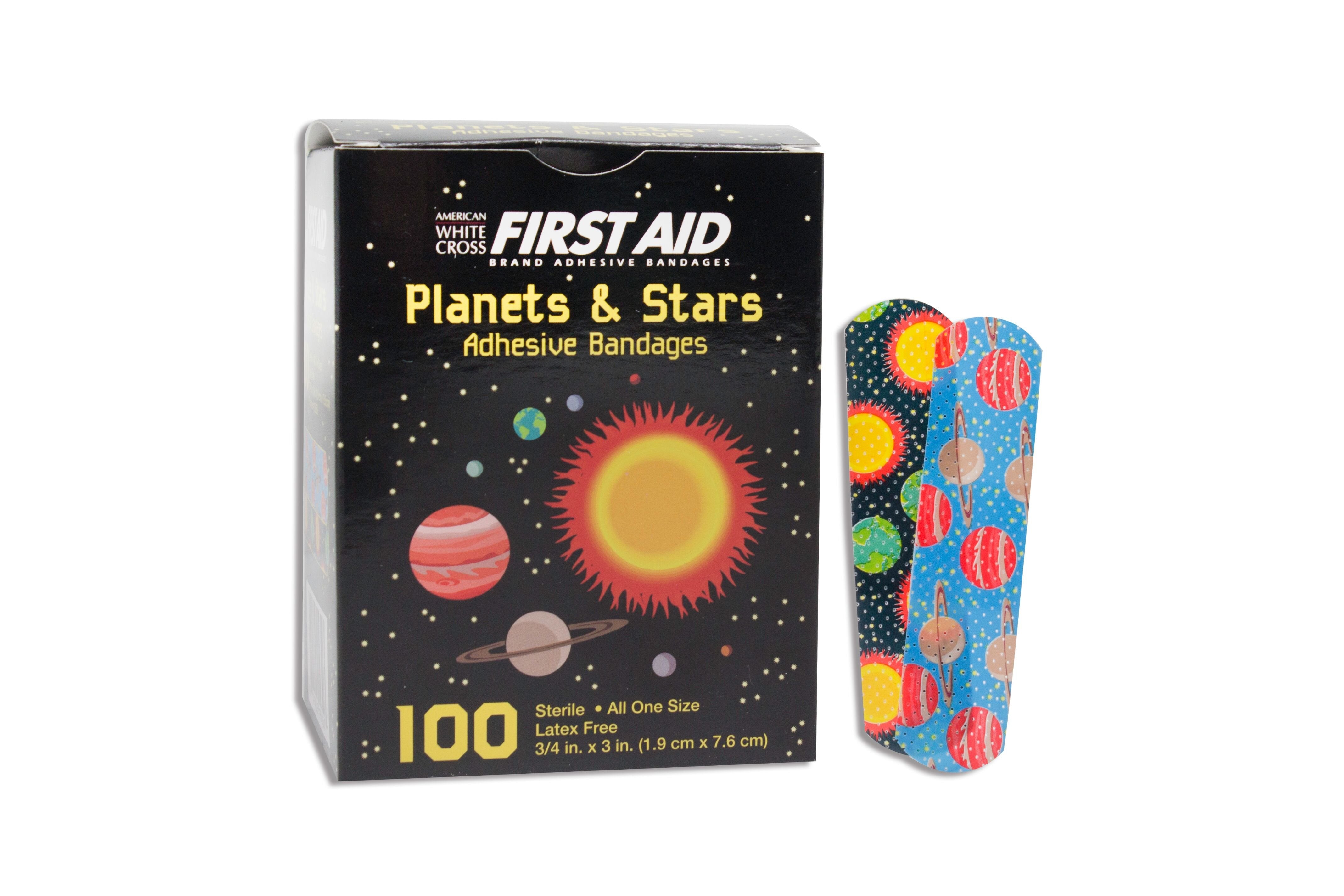 American White Cross First Aid Adhesive Strip, 5/8 x 2-1/4 Inch, Plastic, Rectangle, Kid Design, Planets and Stars, Sterile (1 Unit)