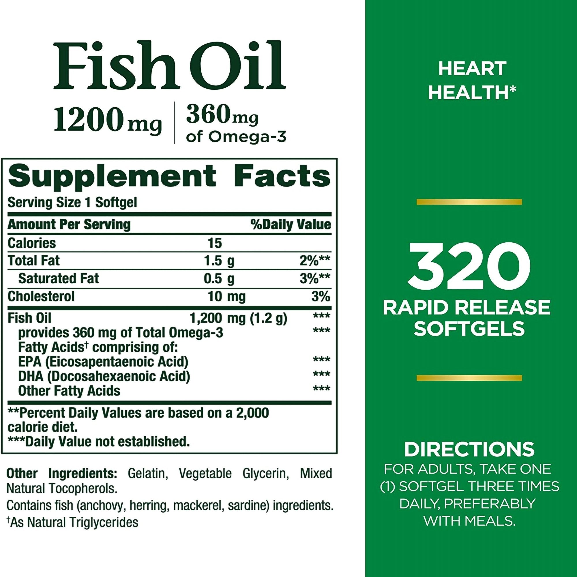 Omega 3 Supplement Nature's Bounty® Fish Oil 1200 mg Strength Softgel 320 per Bottle (1 Unit)