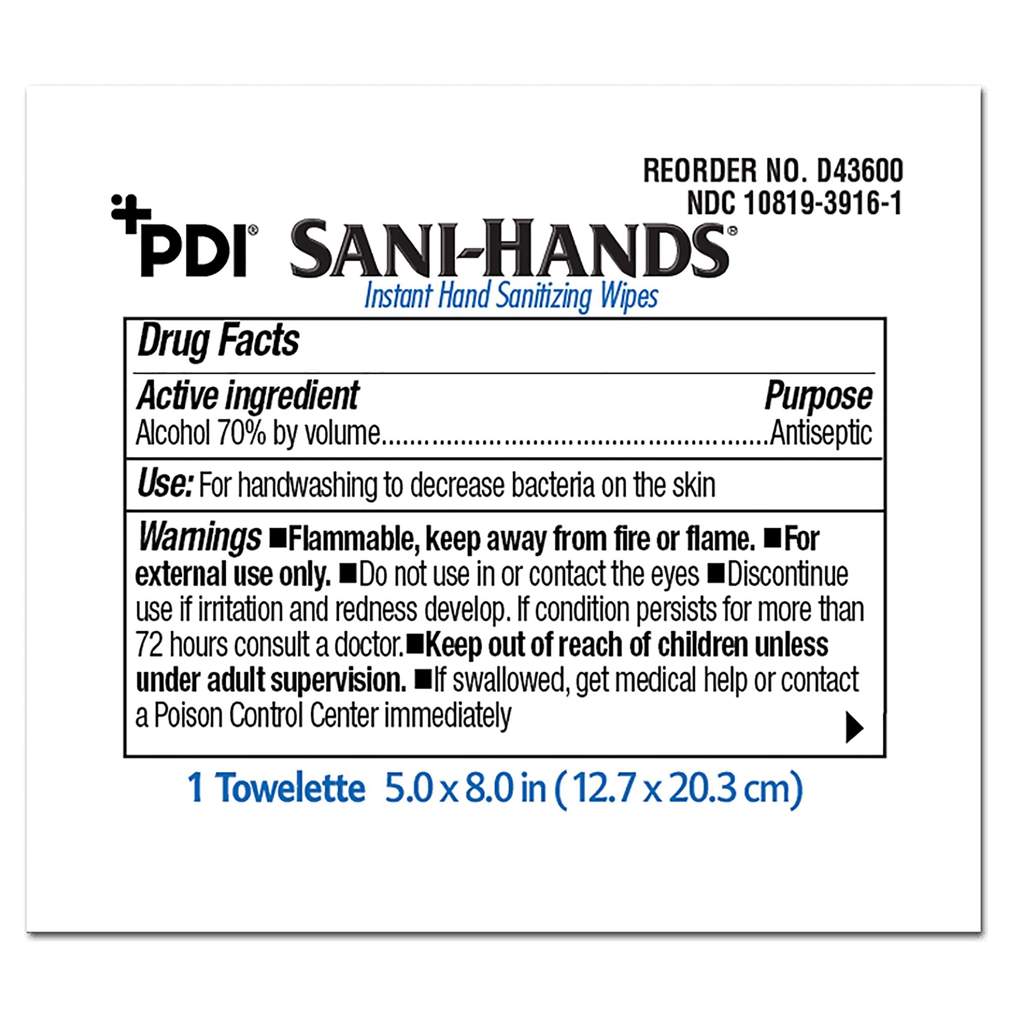 Sani-Hands Hand Sanitizing Wipes, Ethyl Alcohol, Unscented, 5 X 8 Inch (100 Units)