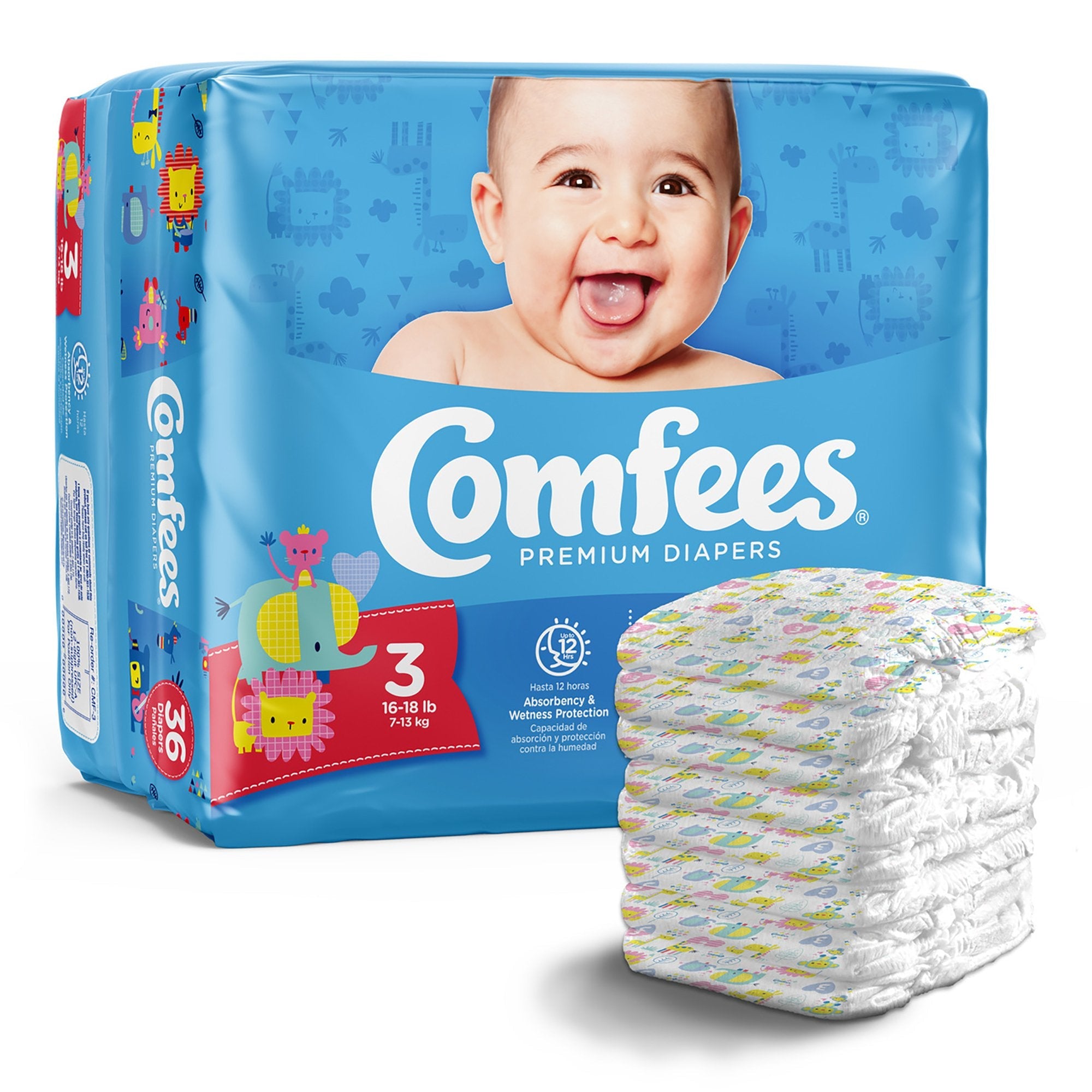 Attends Comfees Premium Diapers, Unisex, Baby, Tab Closure, Size 3 (36 Units)