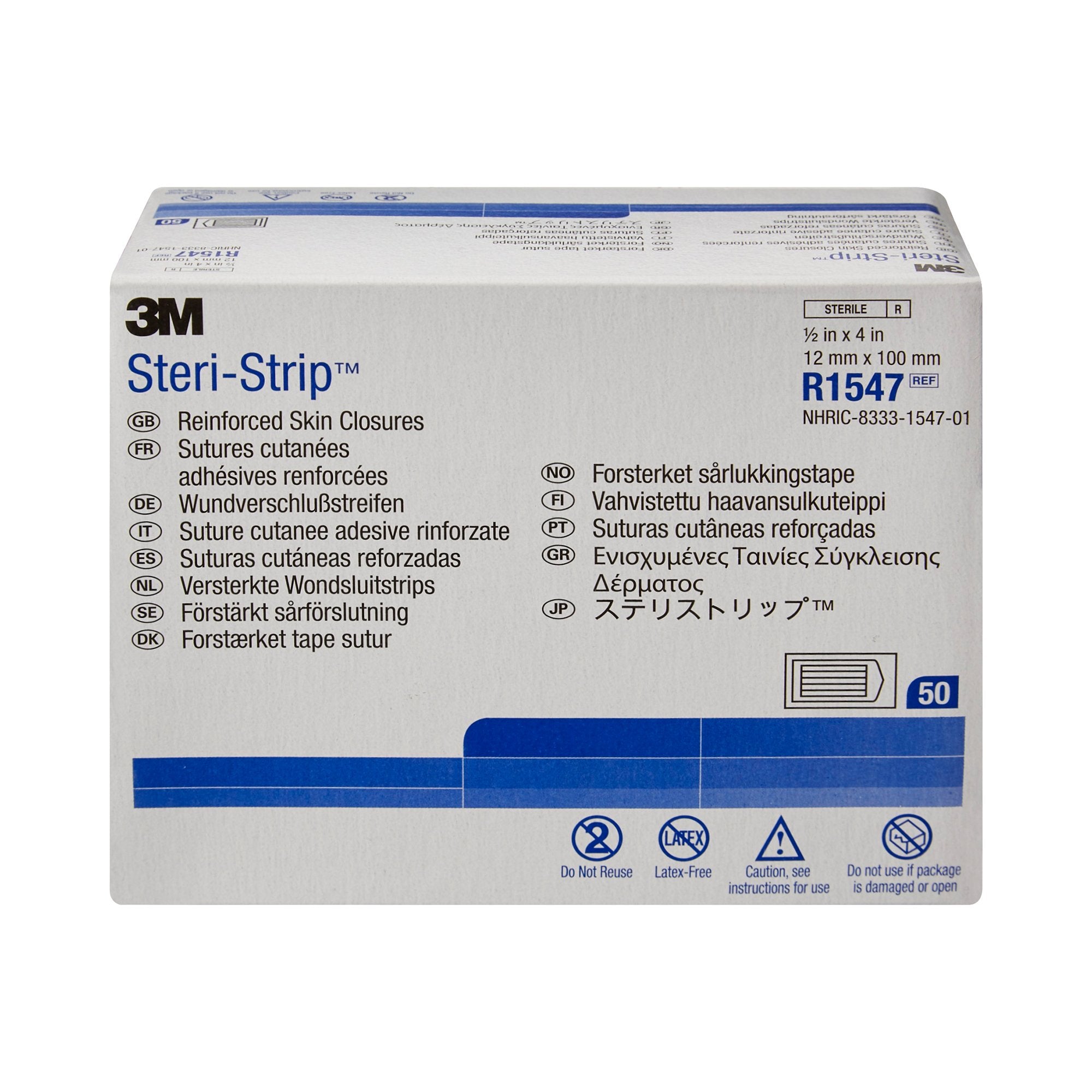 3M Steri-Strip Skin Closure Strips, Non-Woven, 1/2 inch X 4 inch, Reinforced Strip, White (50 Units)