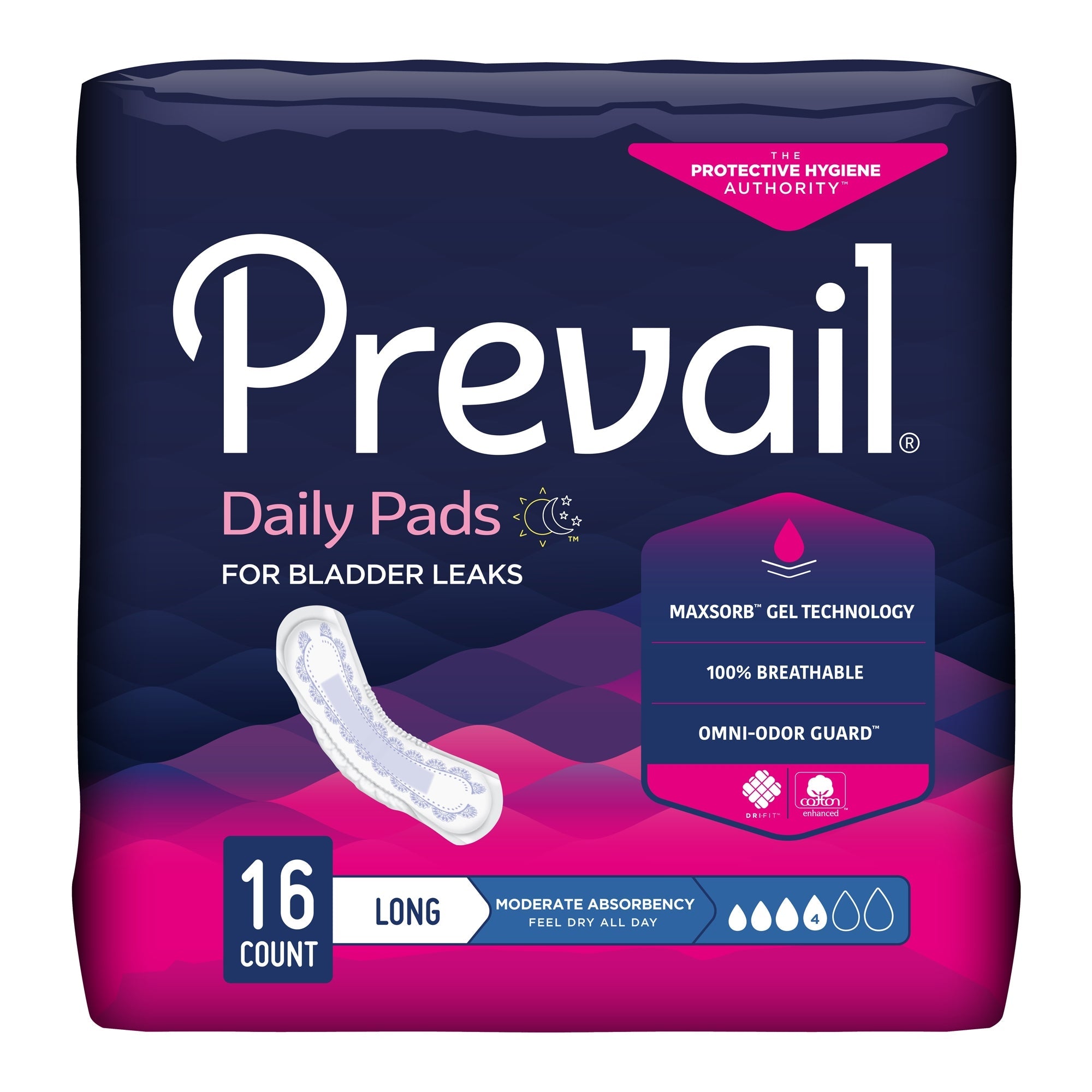 Prevail® Daily Moderate Bladder Control Pads, 11" - Discreet Comfort (16 Pack)