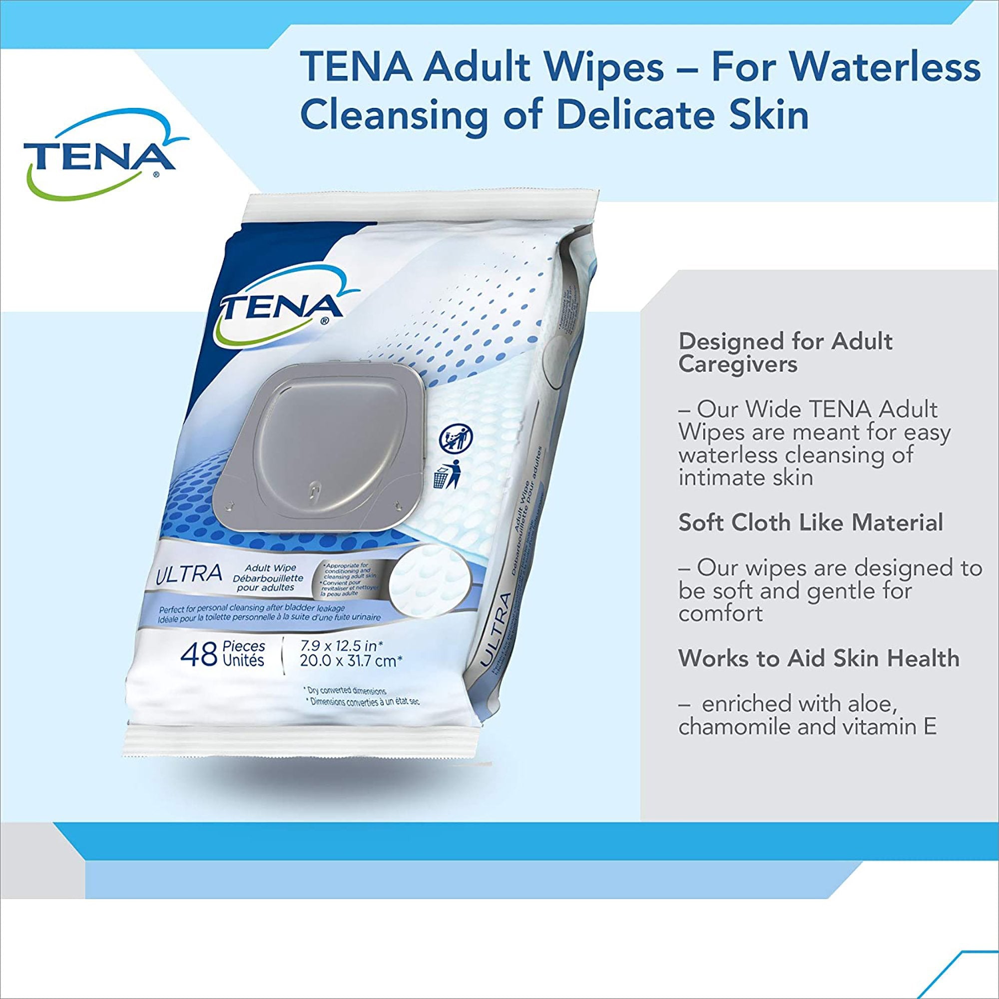 Tena Classic Disposable Washcloths, Scented with Aloe & Vitamin E - 48 Pack