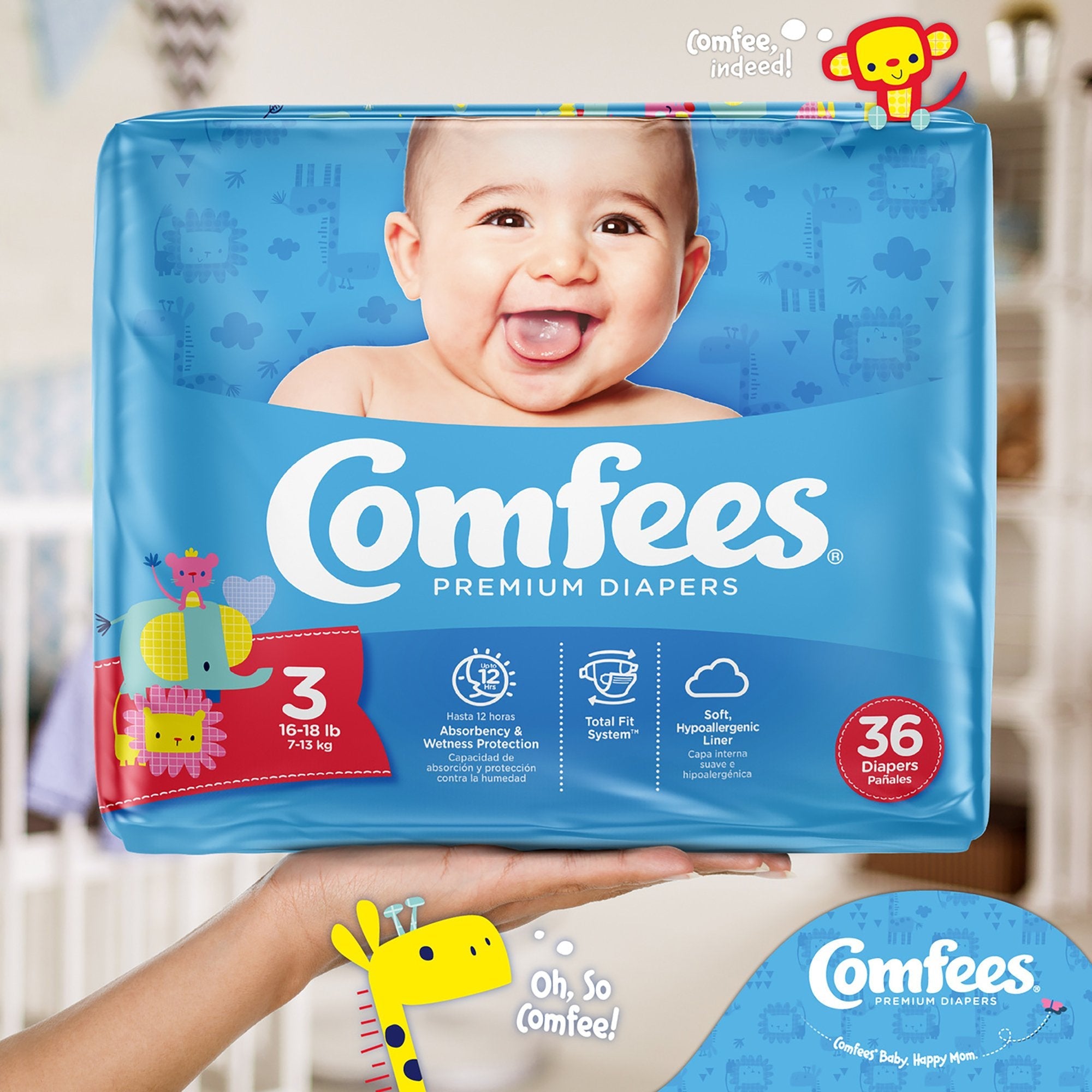 Attends Comfees Premium Diapers, Unisex, Baby, Tab Closure, Size 3 (36 Units)