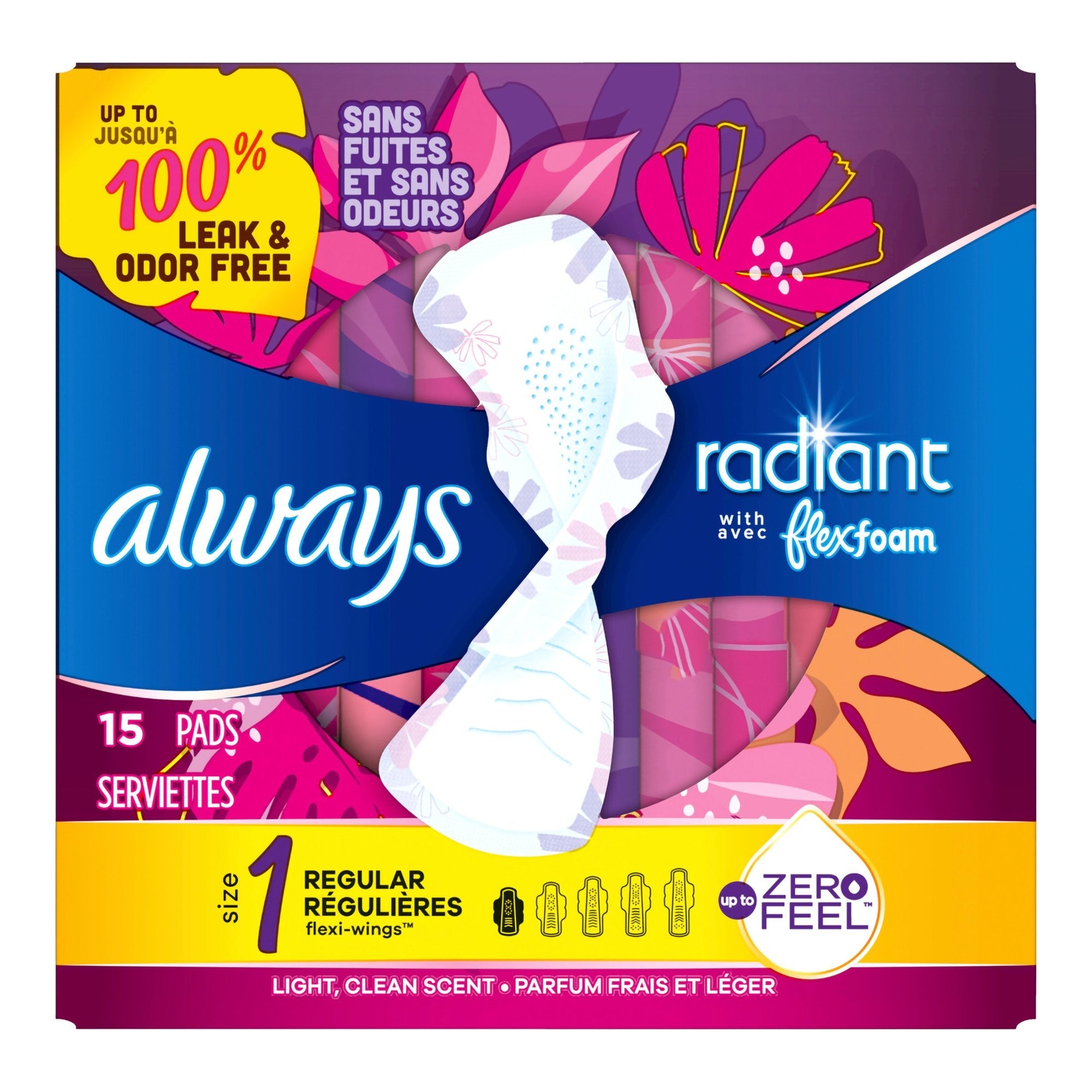 Feminine Pad Always® Radiant with FlexFoam With Wings Regular Absorbency (15 Units)