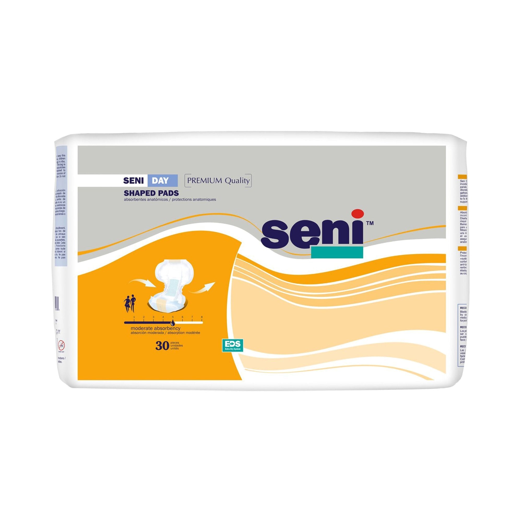 Seni® Shaped Pads Moderate Absorbency Incontinence Liner, 25-Inch Length (30 Units)