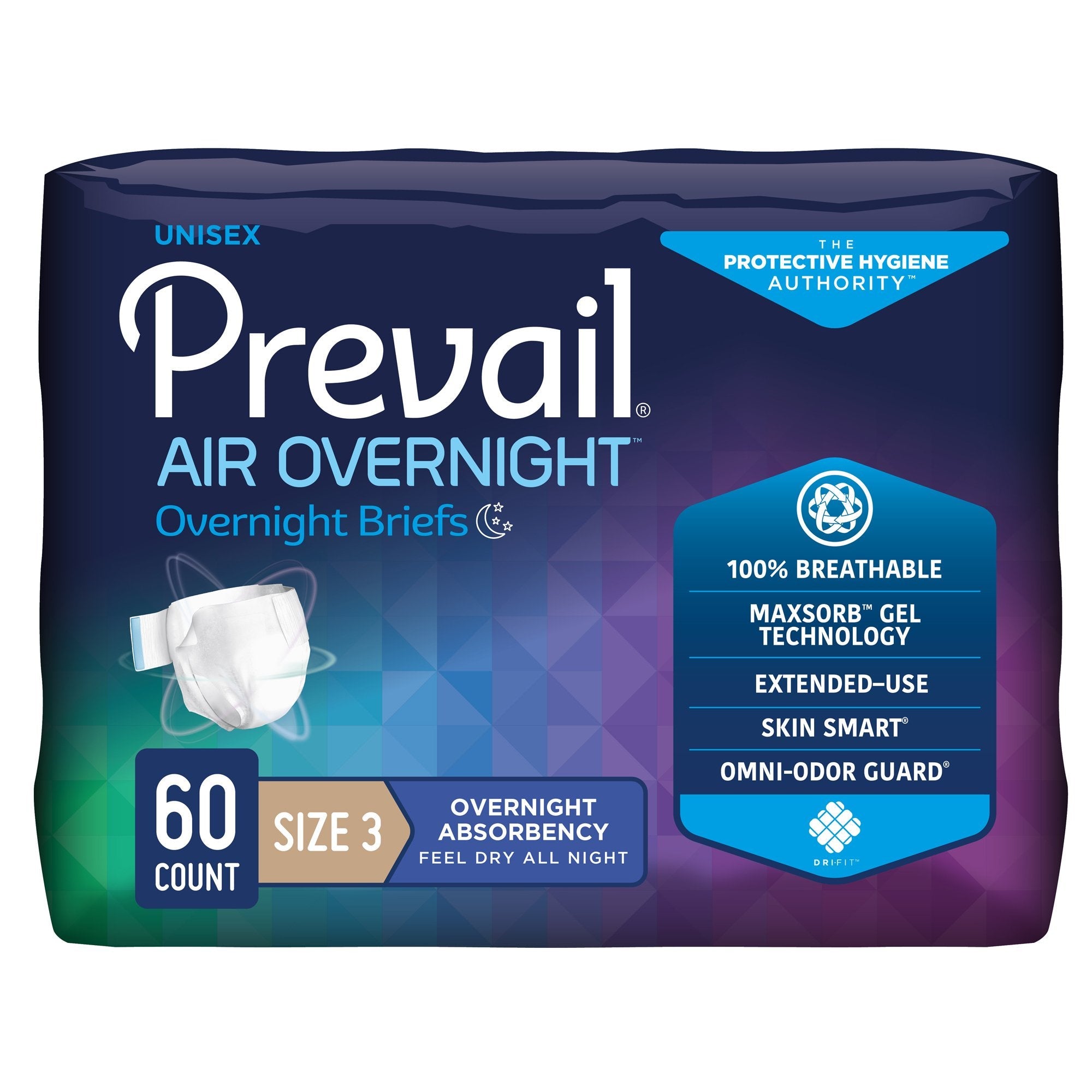 Prevail AIR Overnight Incontinence Briefs, Size 3, Heavy Absorbency, 60ct