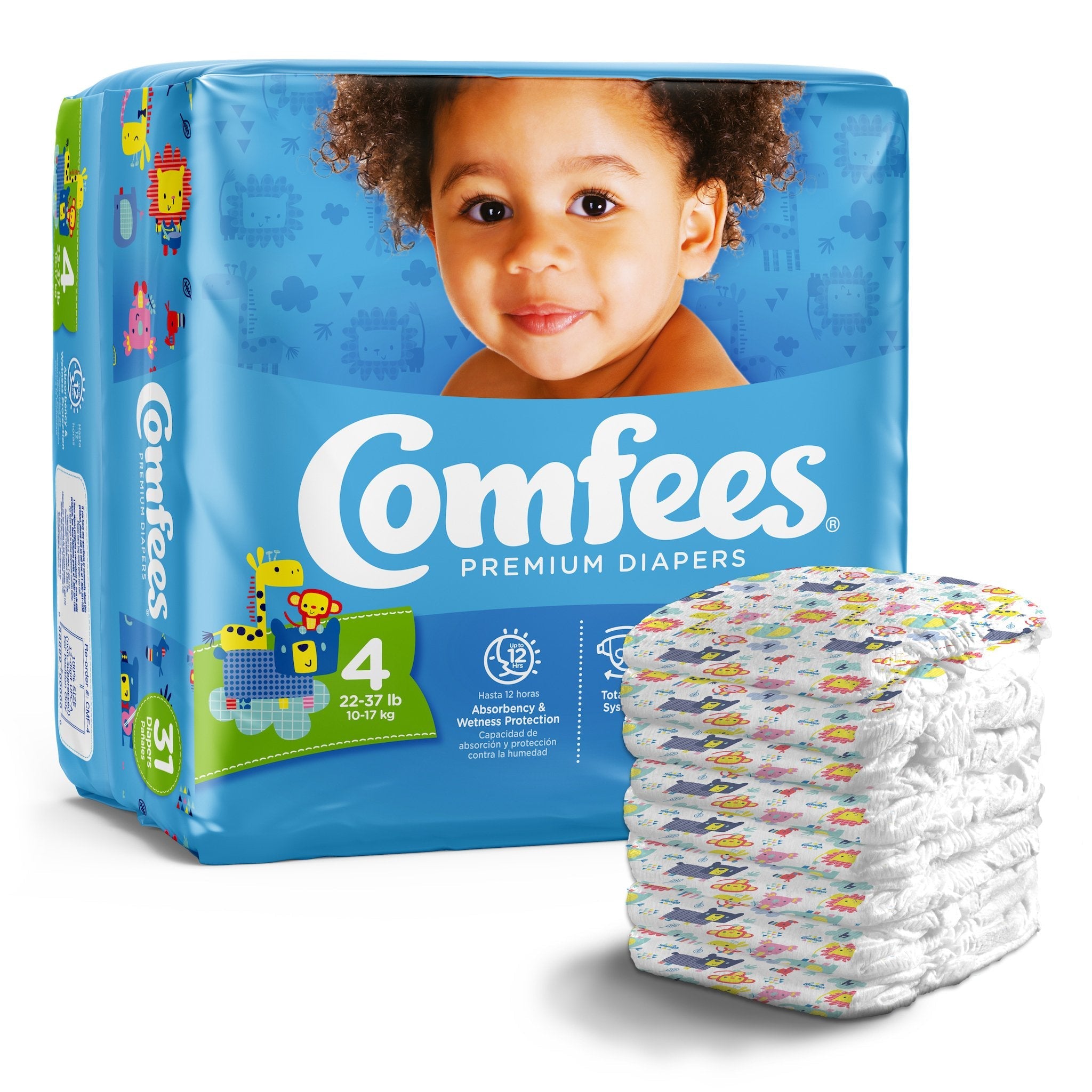 Attends Comfees Premium Baby Diapers, Tab Closure, Kid Design, Size 4 (31 Units)