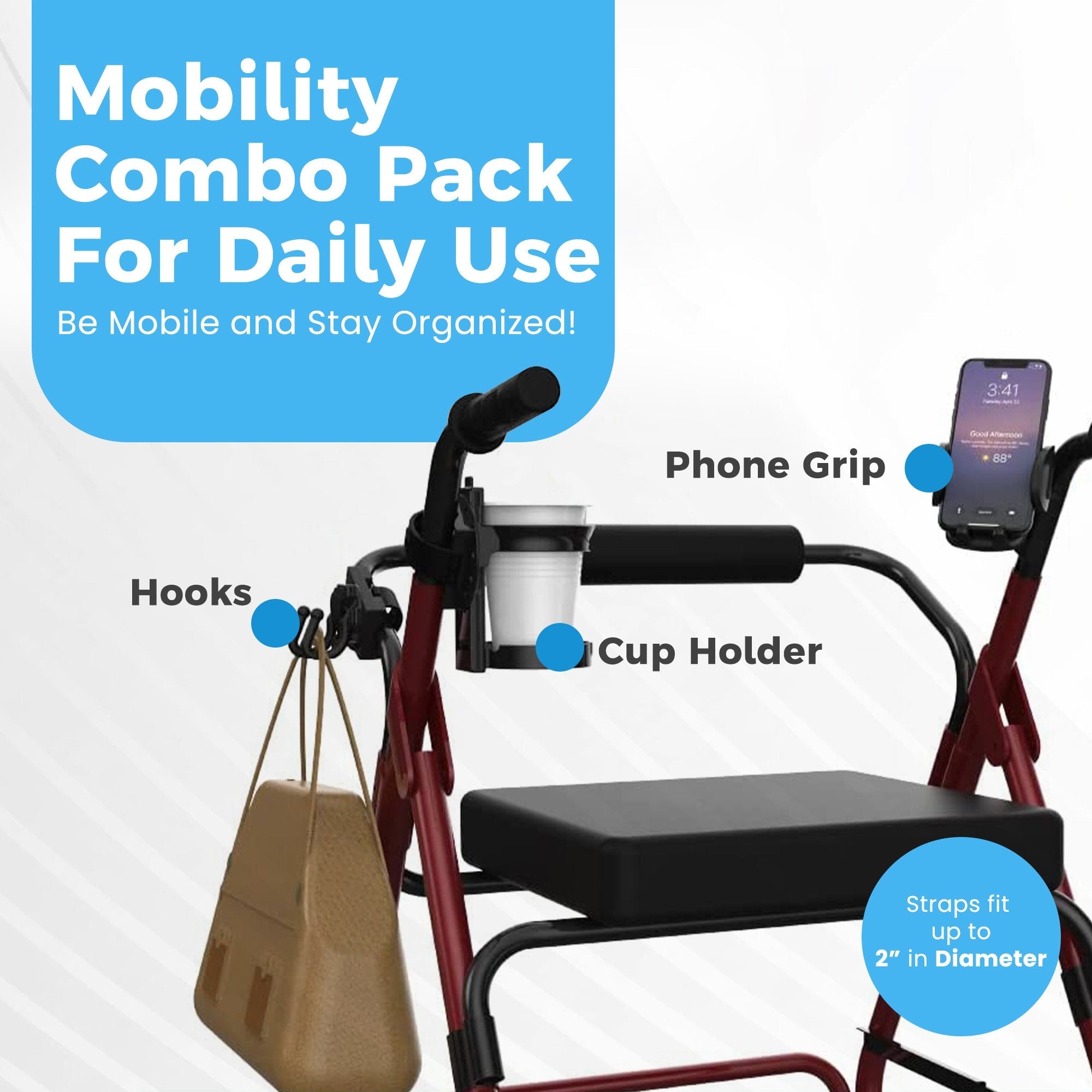 Mobility Aid Combo Pack, Cup Holder, Phone Grip, Bag Hooks (16 Units)