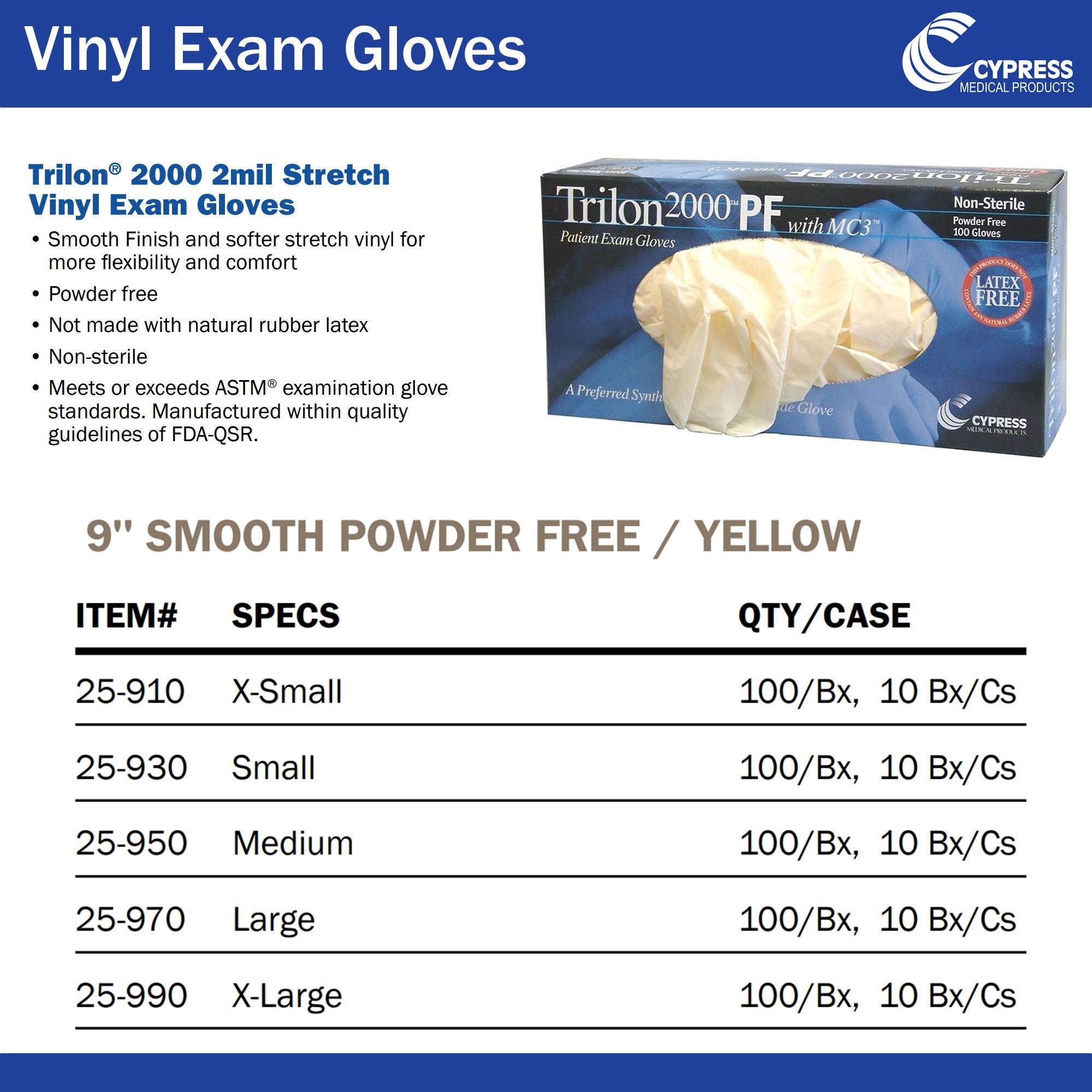 Trilon 2000® PF with MC3® Stretch Vinyl Standard Cuff Length Exam Glove, Large, Ivory (100 Units)