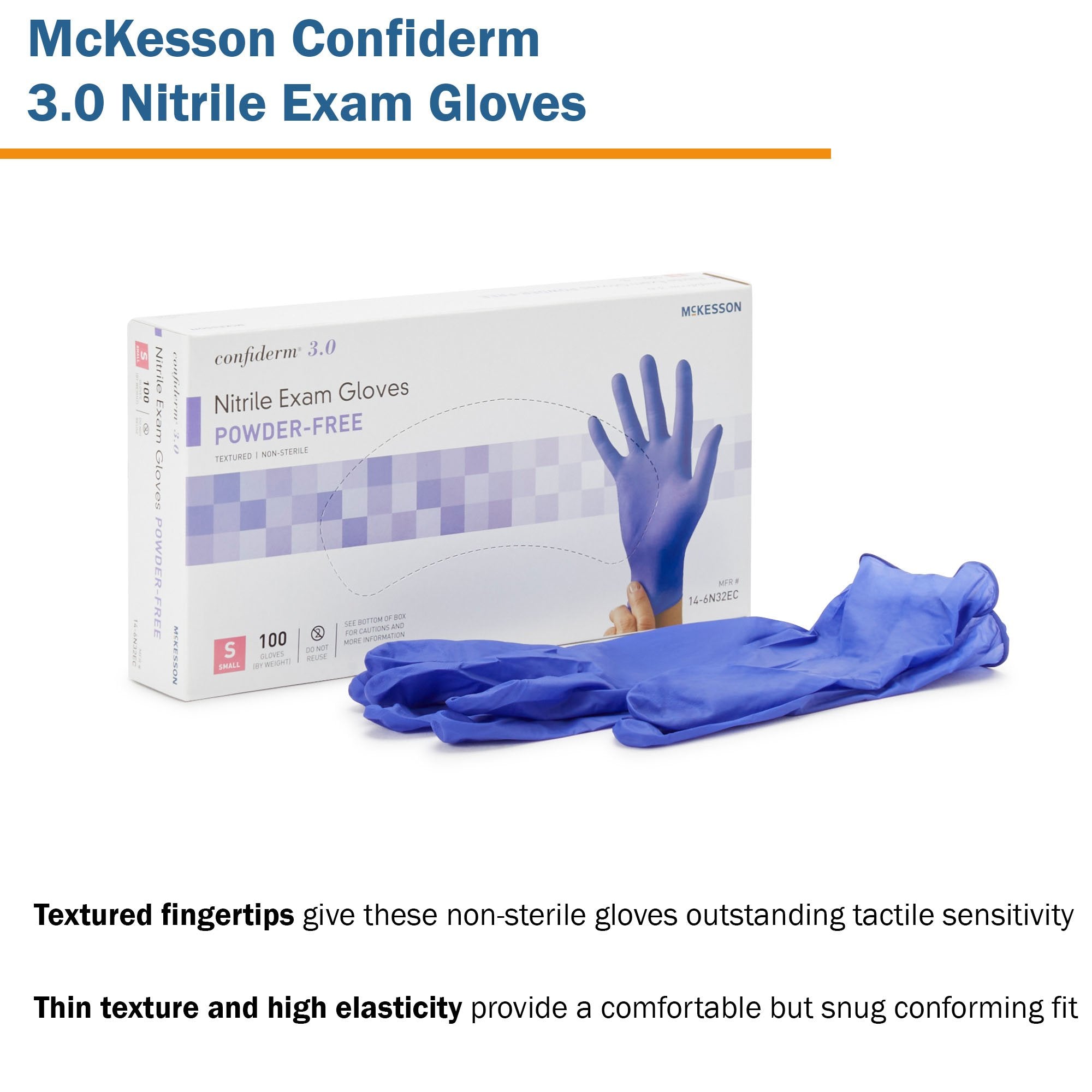 McKesson Confiderm® 3.0 Nitrile Gloves Small, Textured, Blue - 100 Pack