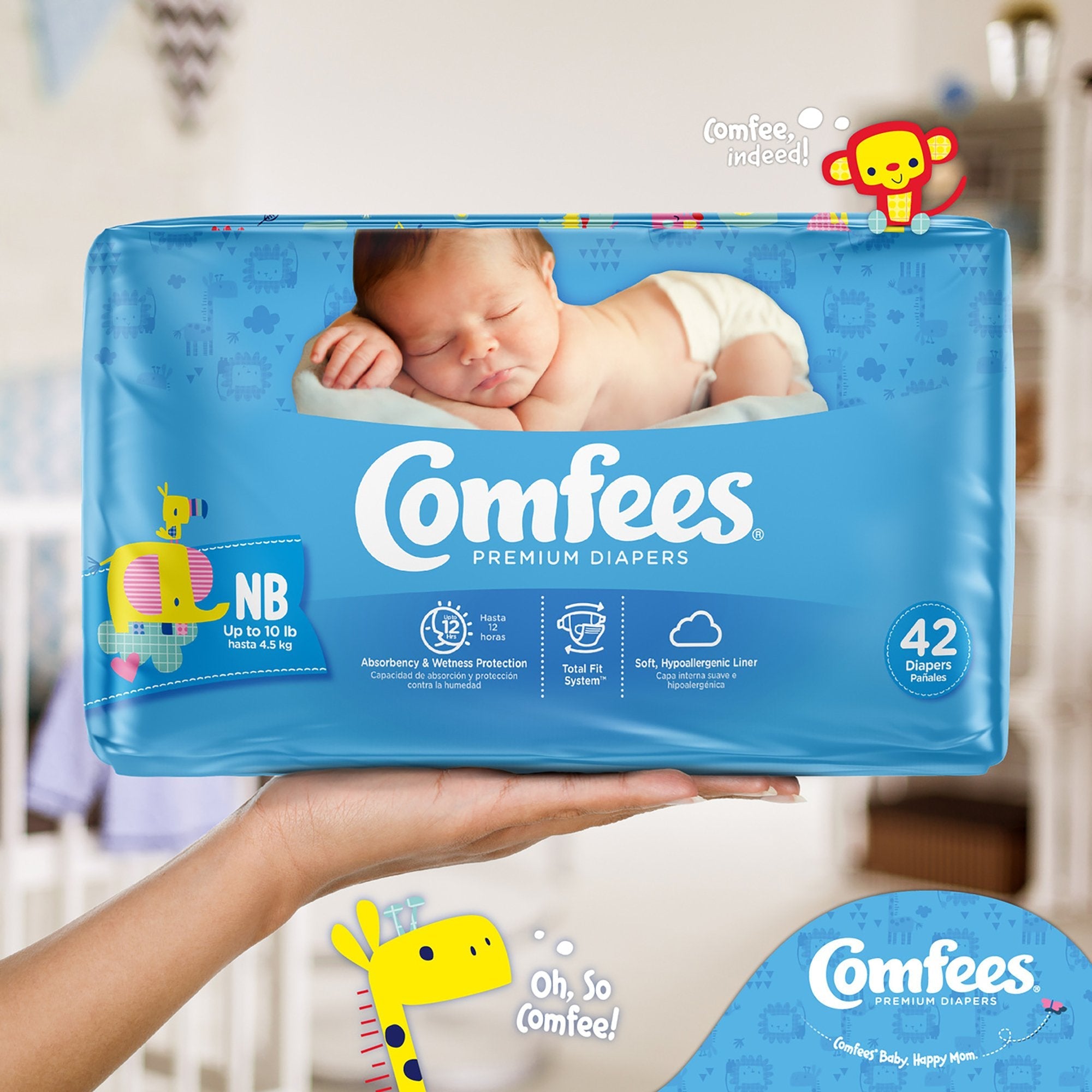 Attends Comfees Premium Baby Diapers, Unisex, Tab Closure, Newborn (42 Units)