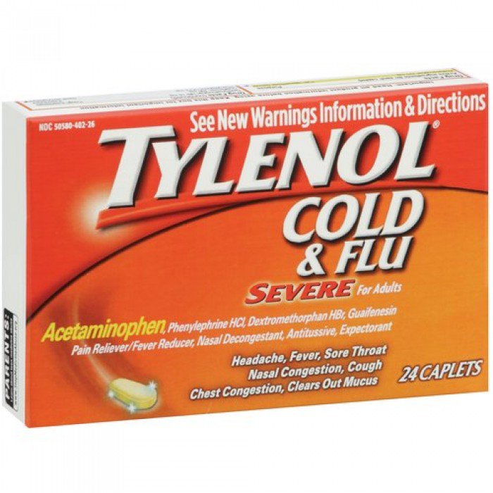 Cold and Cough Relief Tylenol® Cold & Flu Severe 325 mg - 5 mg - 200 mg - 15 mg Strength Caplet 24 per Bottle (1 Unit)