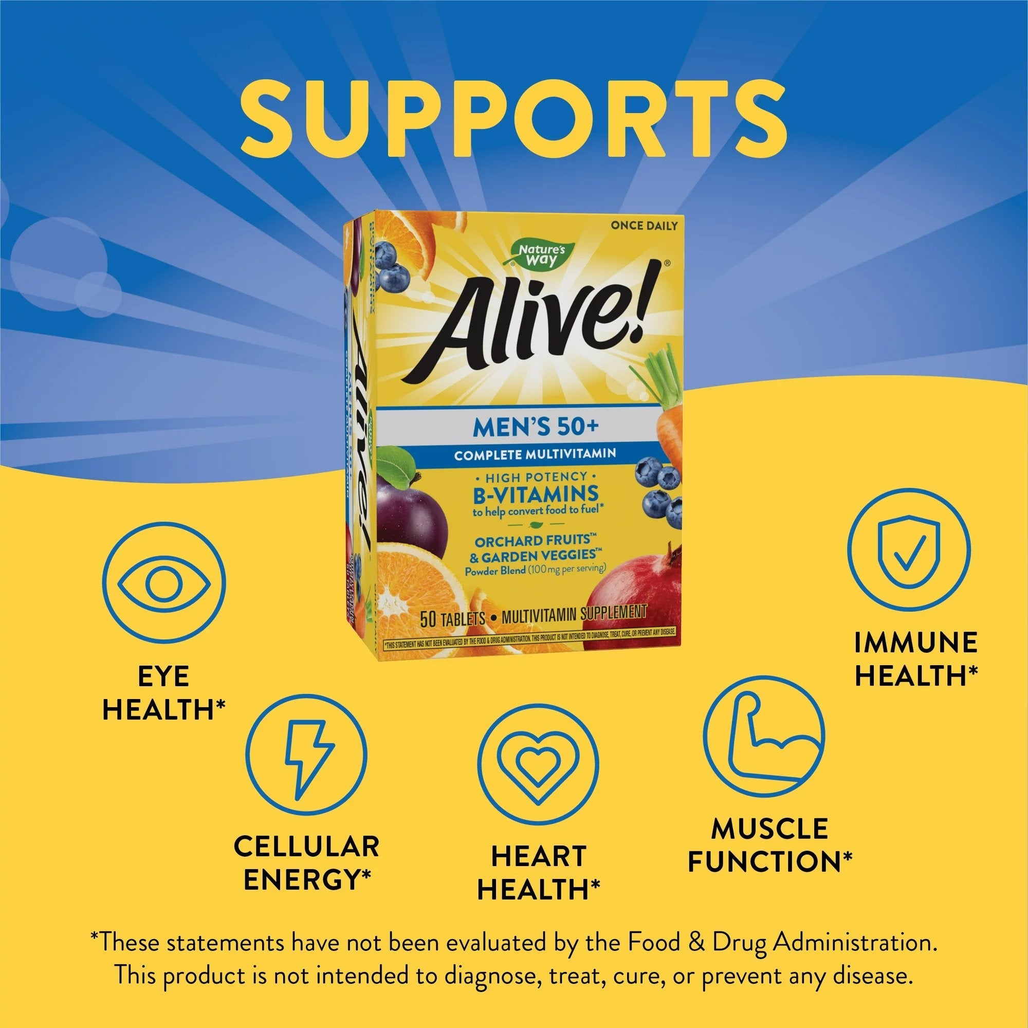 Multivitamin Supplement Alive!® Alive!® Men’s 50+ Vitamin A / Vitamin C 900 mcg / 180 mg Strength Tablet (50 Units)