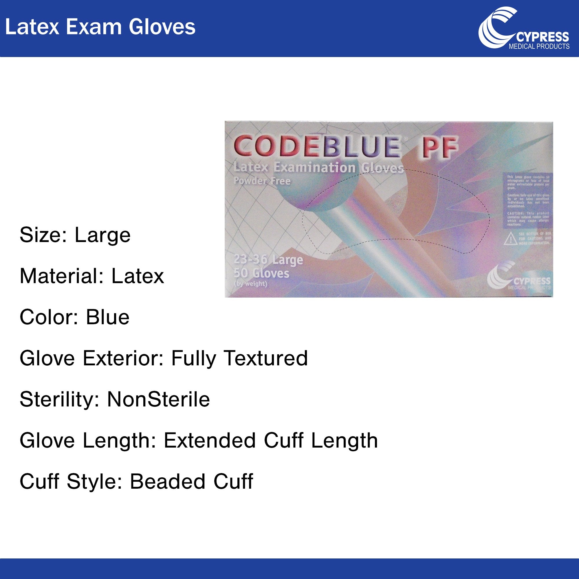 CodeBlue® PF Latex Extended Cuff Length Exam Glove, Large, Blue (10 Units)