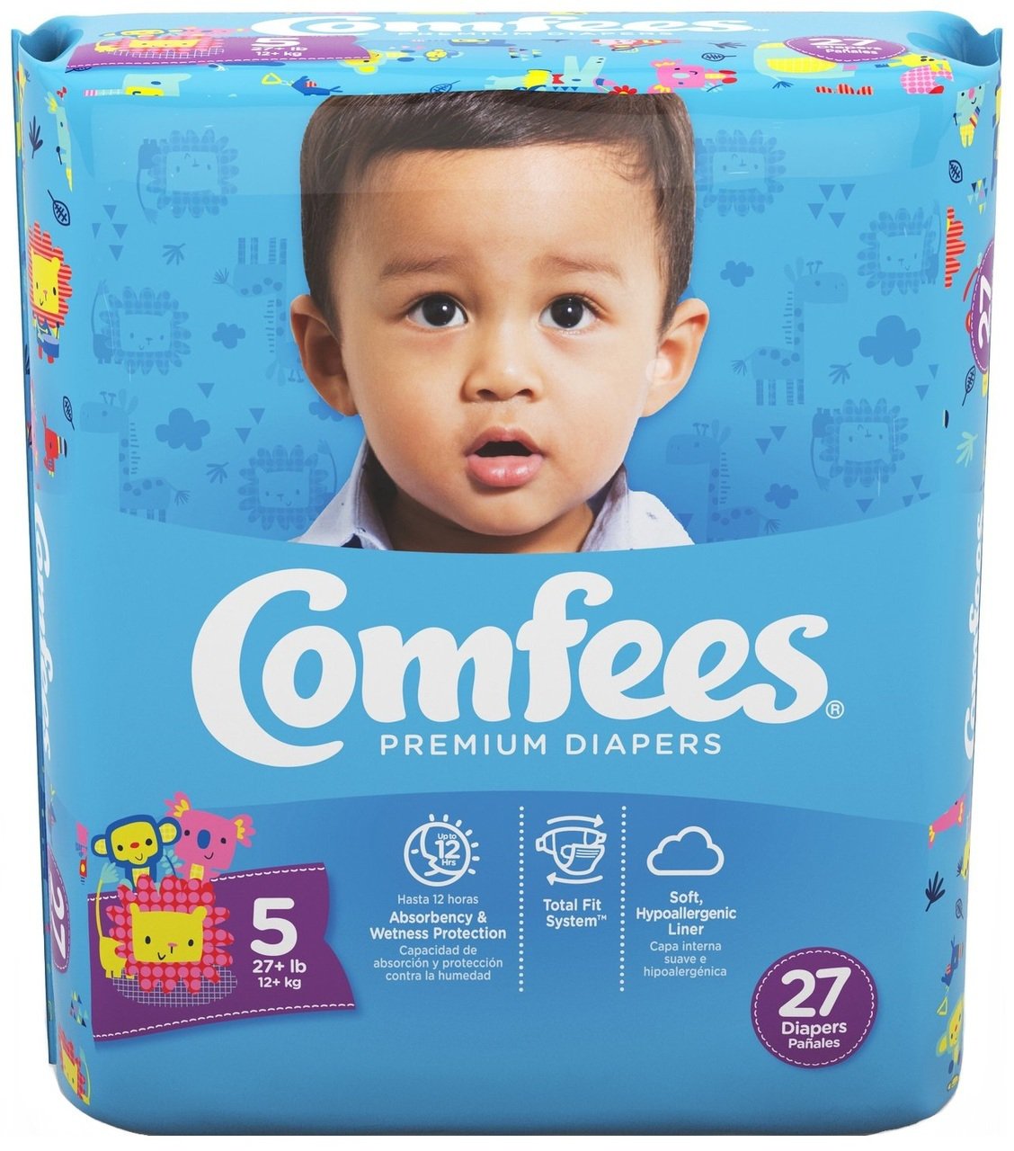 Comfees Premium Diapers, Unisex, Baby, Tab Closure, Size 5, Kid Design (27 Units)