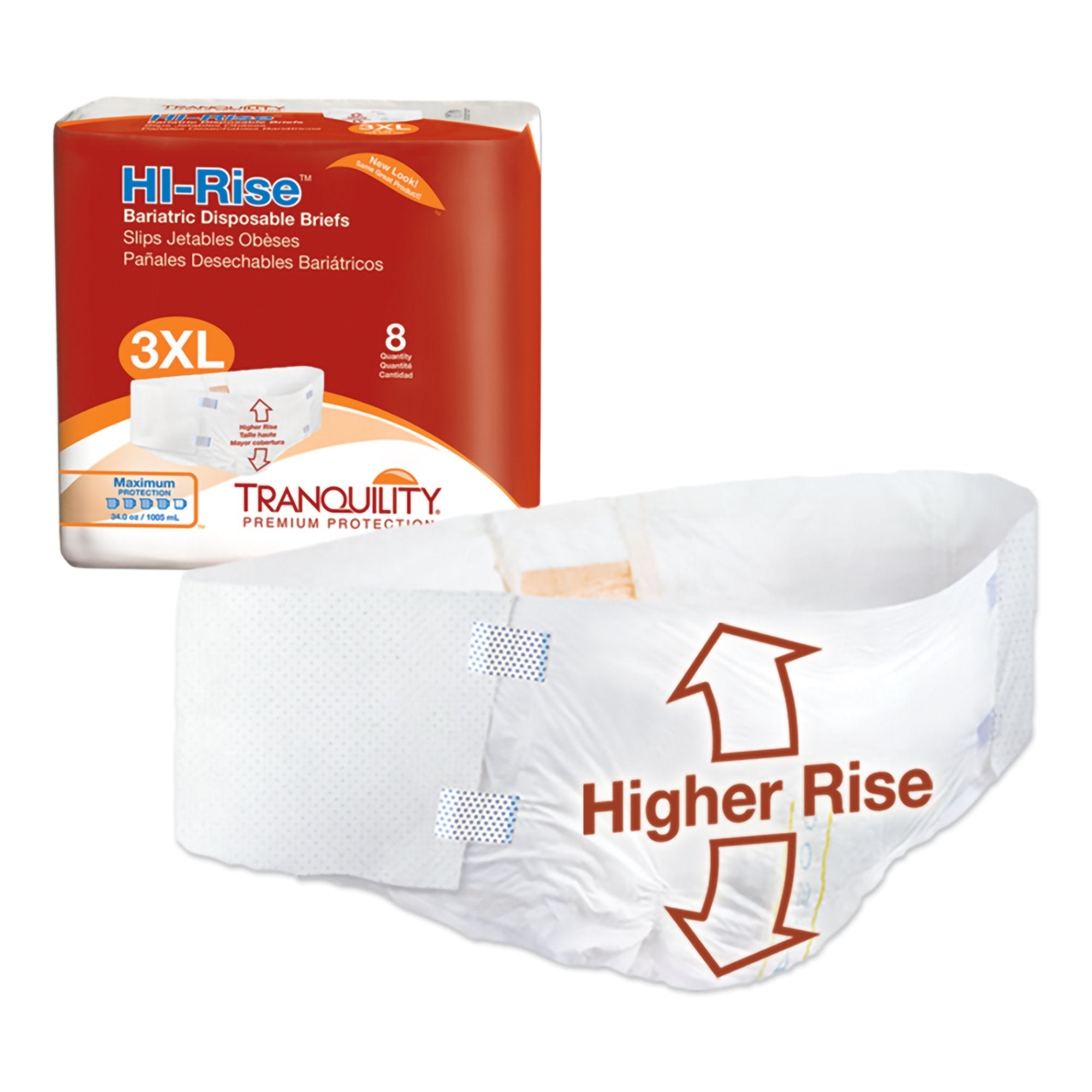 Tranquility® HI-Rise™ Bariatric Briefs - 3X-Large, Max Absorbency (8-Pack)