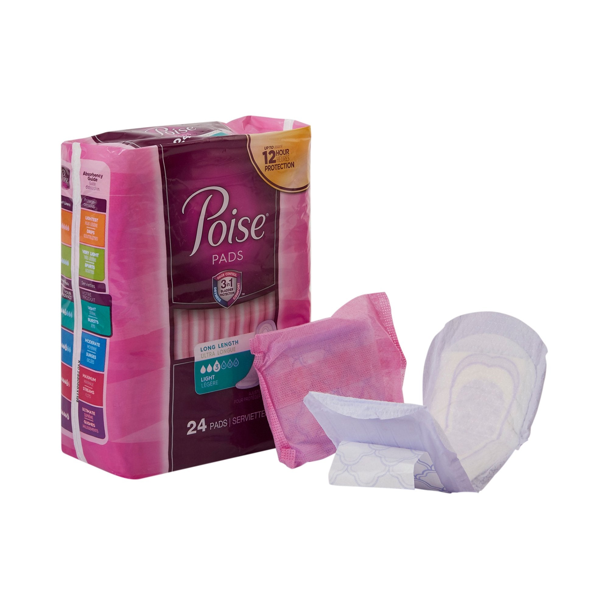 Poise Bladder Control Pad, Long, Light Absorbency, Disposable, Absorb-Loc Core, Female, One Size Fits Most (24 Units)