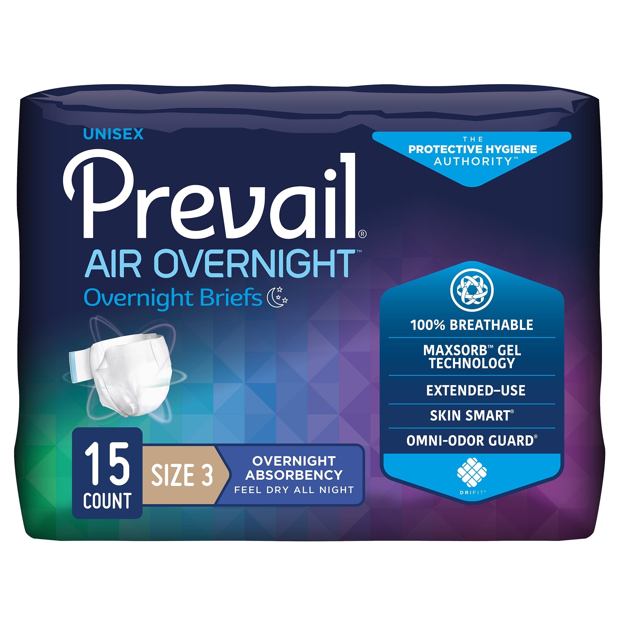 Prevail AIR Overnight Incontinence Briefs, Size 3, Heavy Absorbency, 60ct