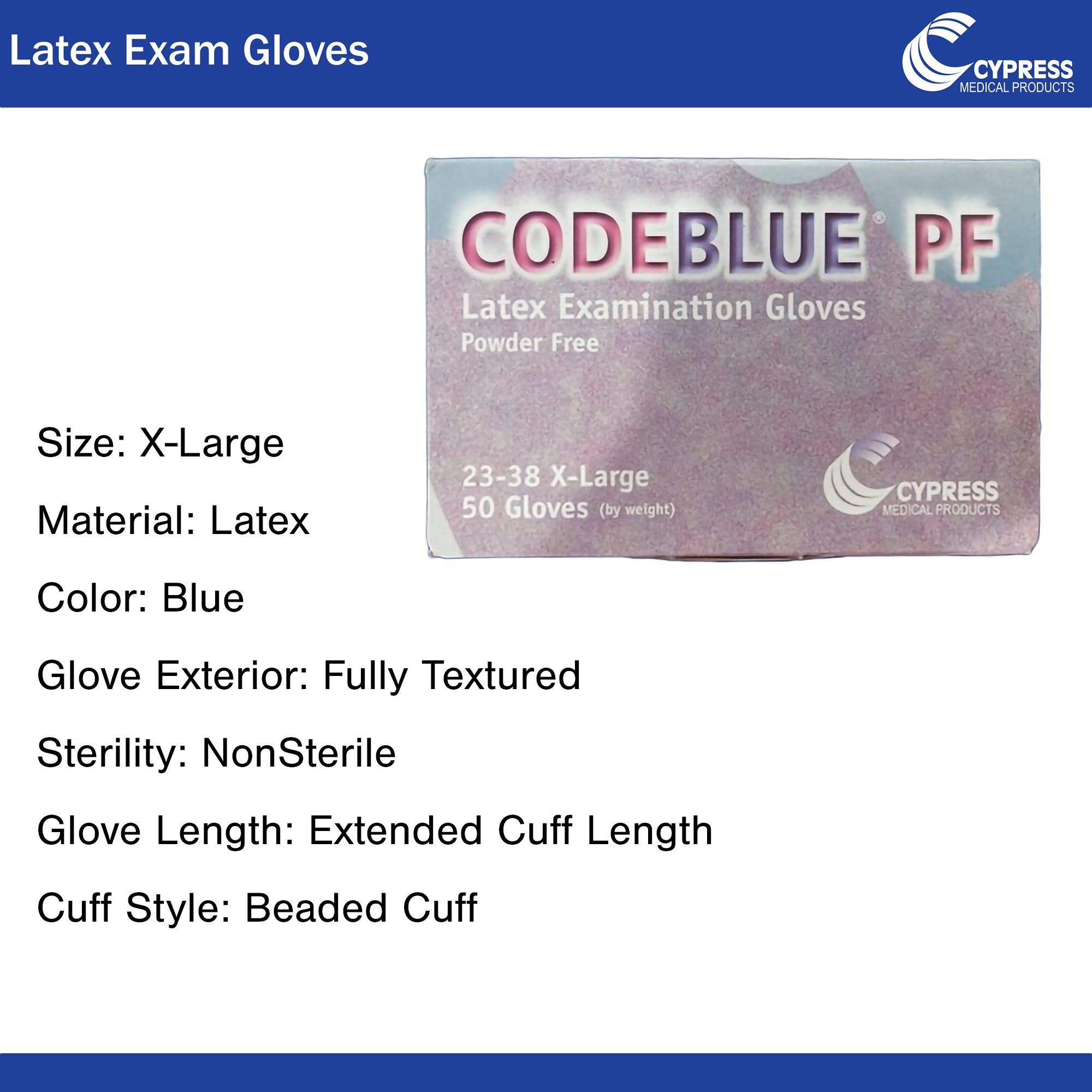 CodeBlue® PF Latex Extended Cuff Length Exam Glove, Extra Large, Blue (10 Units)