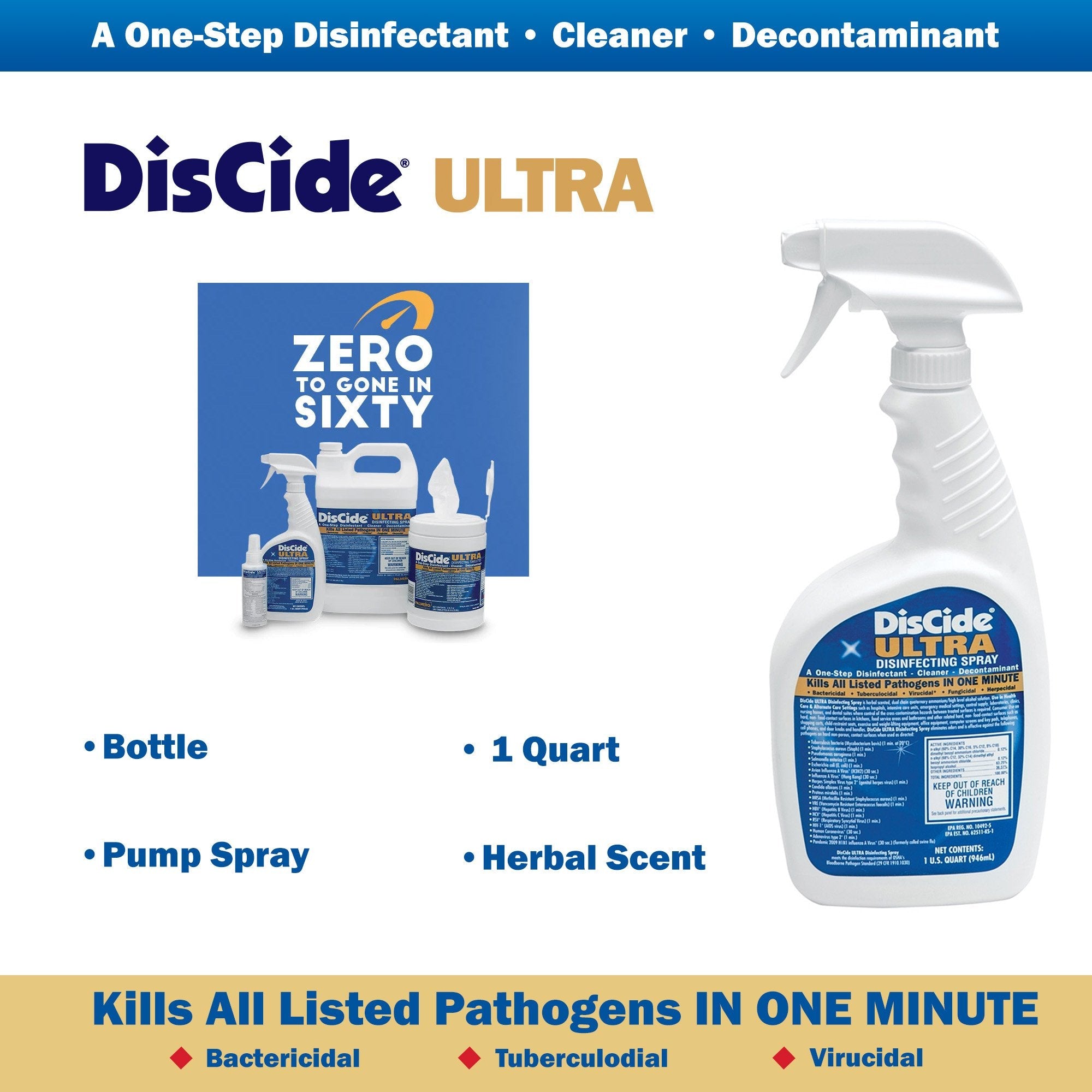 DisCide® Ultra Quaternary Based Surface Disinfectant Cleaner 1 qt. (1 Unit)