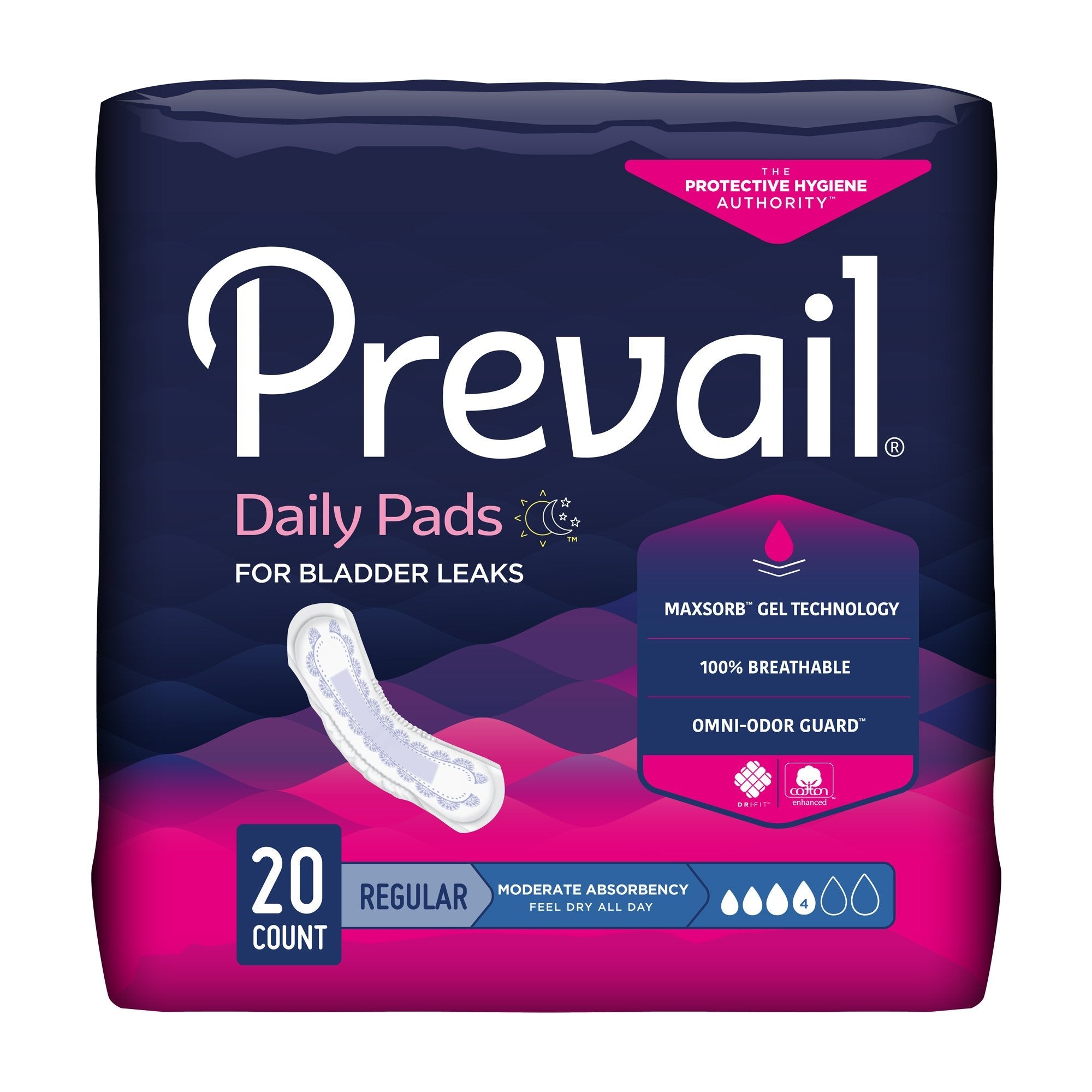 Prevail® Daily Moderate Absorbency Pads, 9¼" - Discreet Comfort (20 Pack)