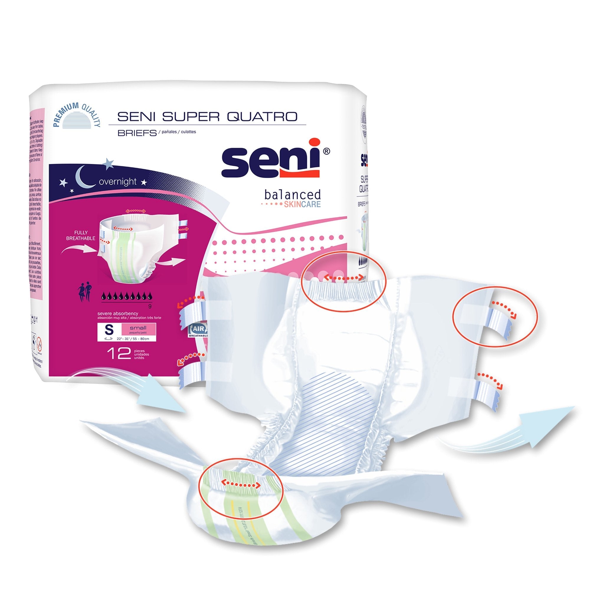 Seni® Super Quatro Severe Absorbency Incontinence Brief, Small (12 Units)